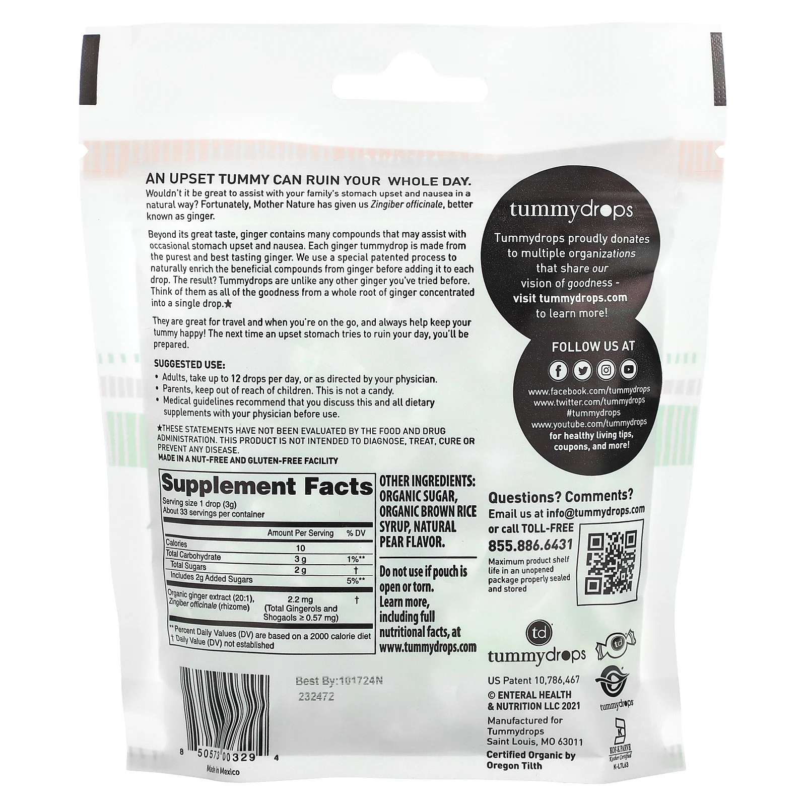 Tummydrops, органическая груша со сладким имбирем, 33 пастилки