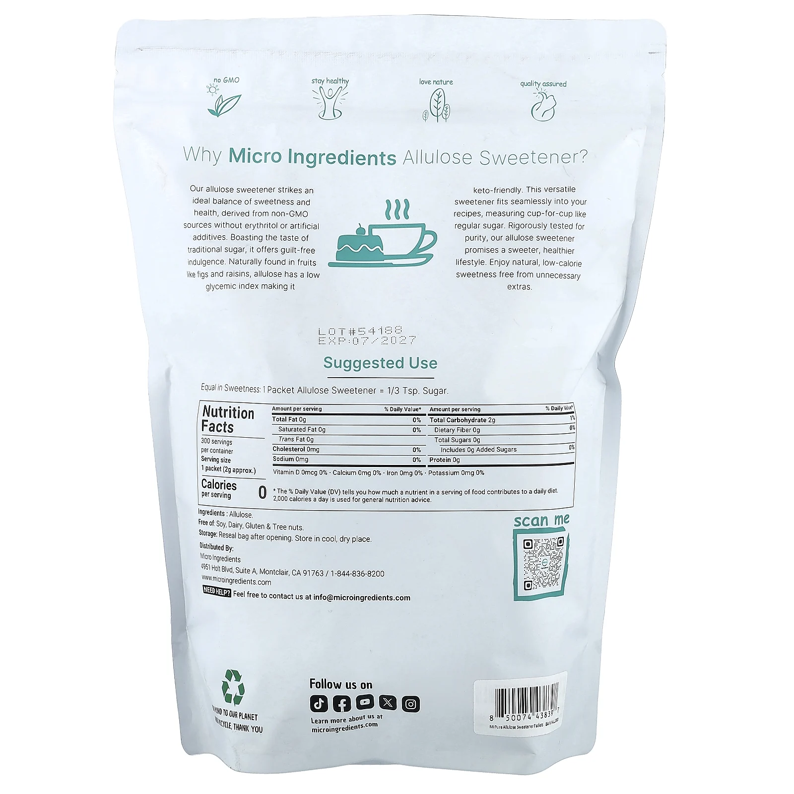 Micro Ingredients, подсластитель "аллюлоза", 300 пакетиков, по 2 г (0,07 унции)