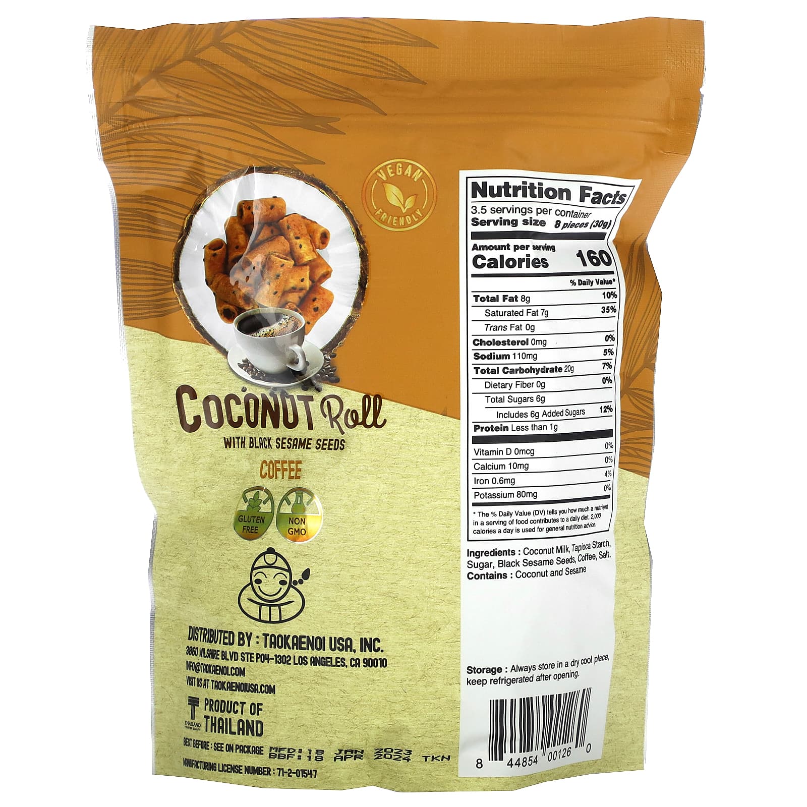 Tao Kae Noi, Кокосовый рулет с семенами черного кунжута, кофе, 100 г (3,53 унции)