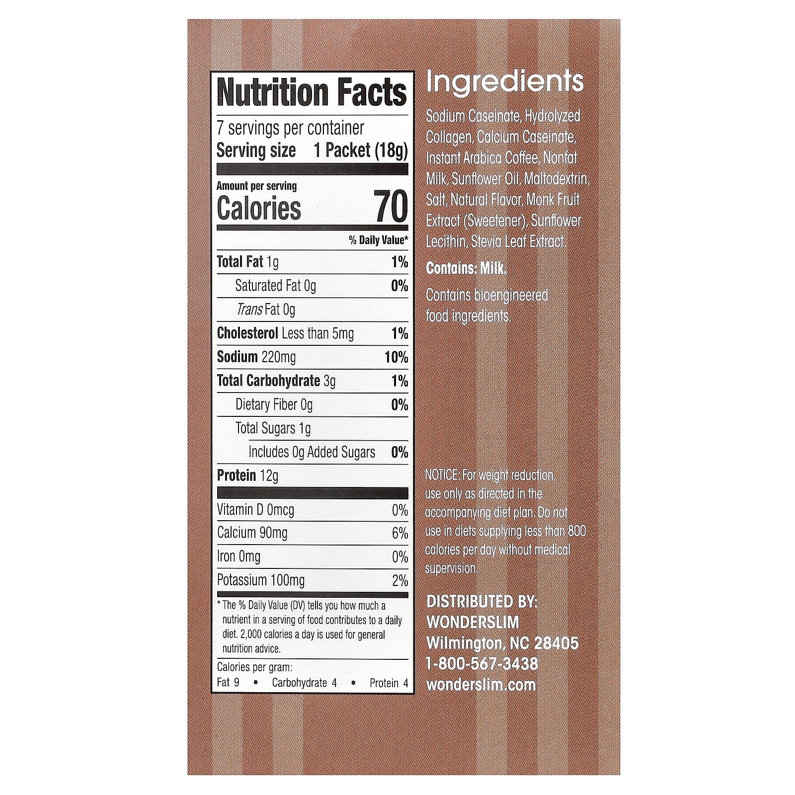WonderSlim, растворимый протеиновый кофе, оригинальная смесь со сливками, 7 пакетиков по 18 г (0,64 унции)