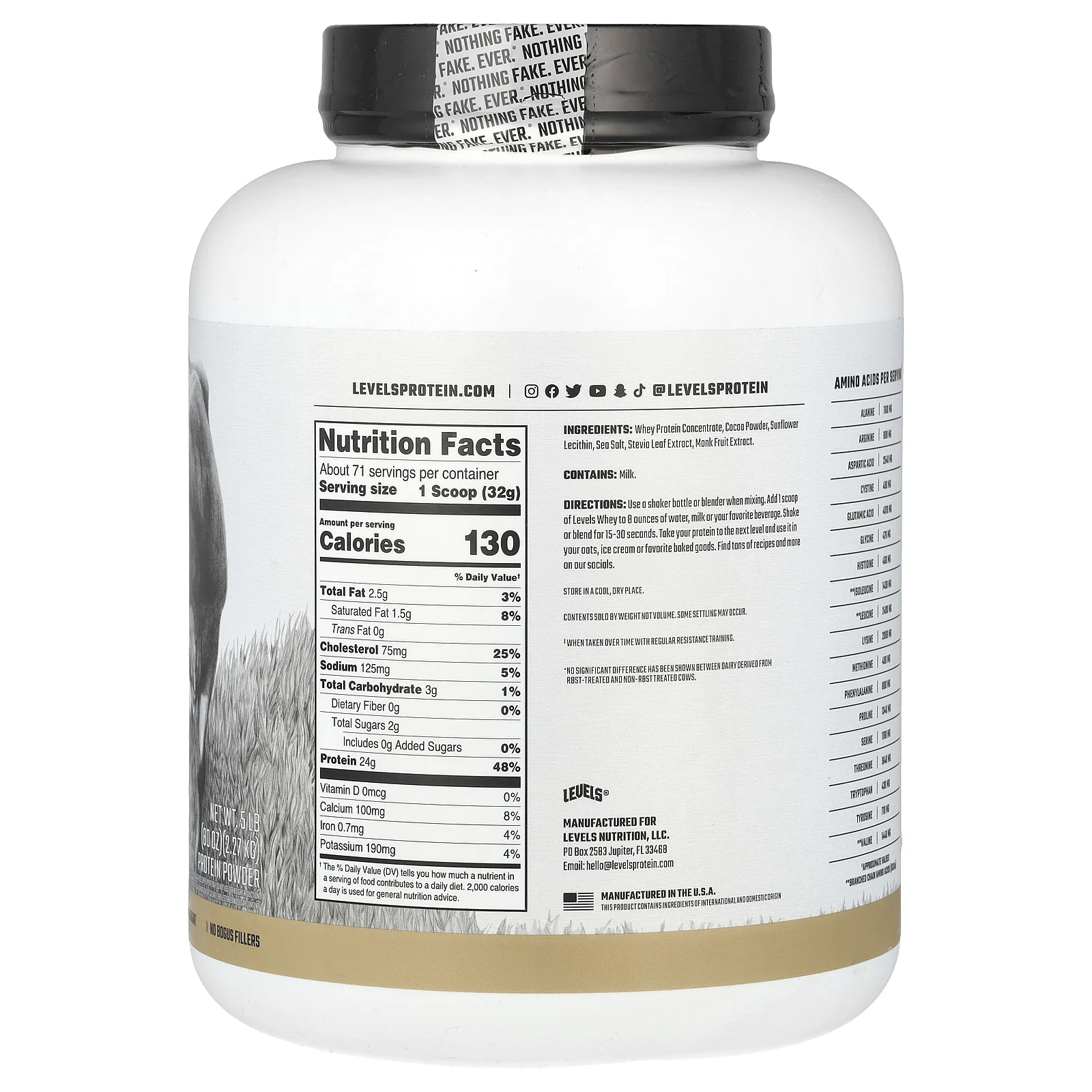 Levels, Порошок из сывороточного протеина от травяного откорма, чистый шоколад, 2,27 кг (5 фунтов)