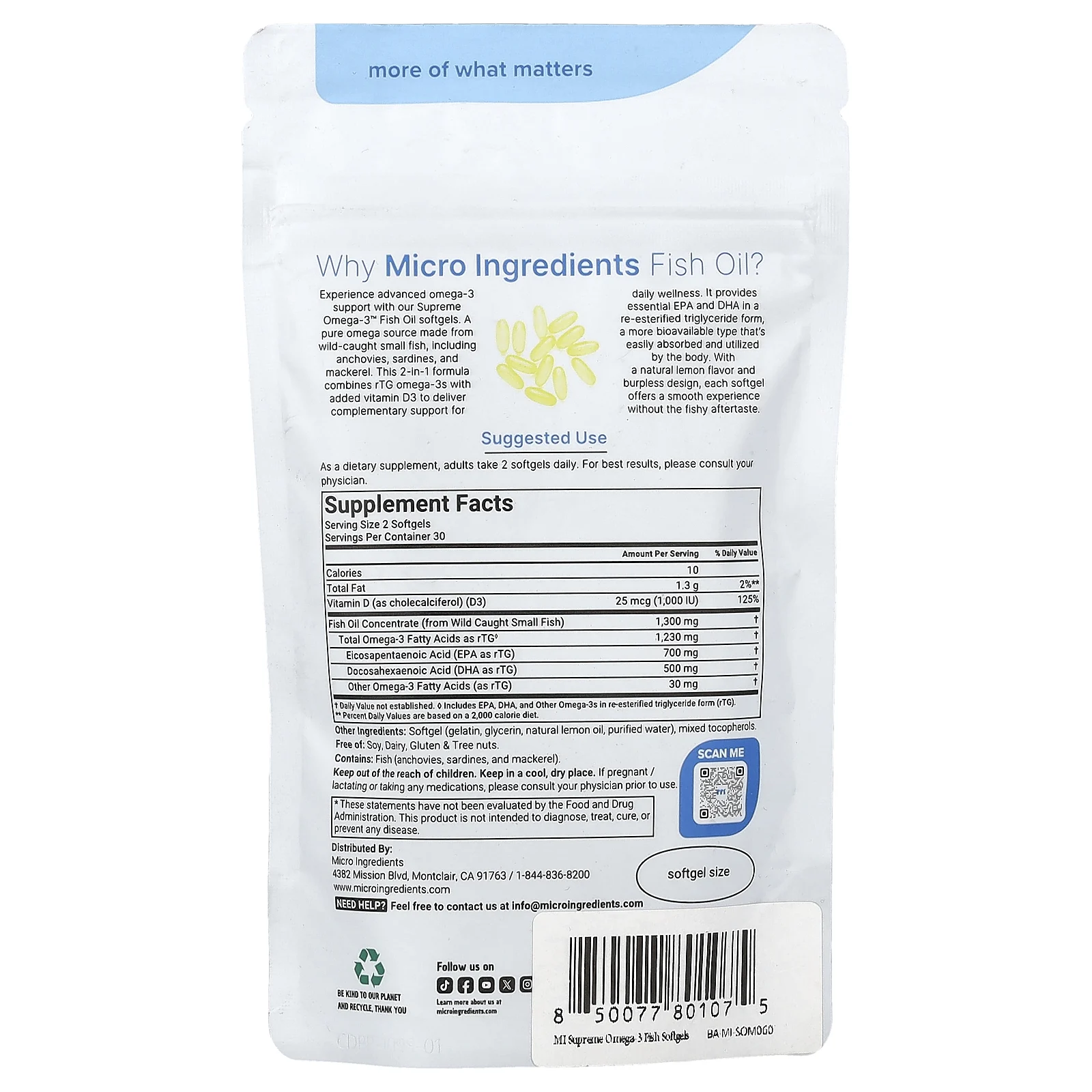 Micro Ingredients, Supreme Omega-3™, рыбий жир со вкусом свежего лимона, 60 капсул