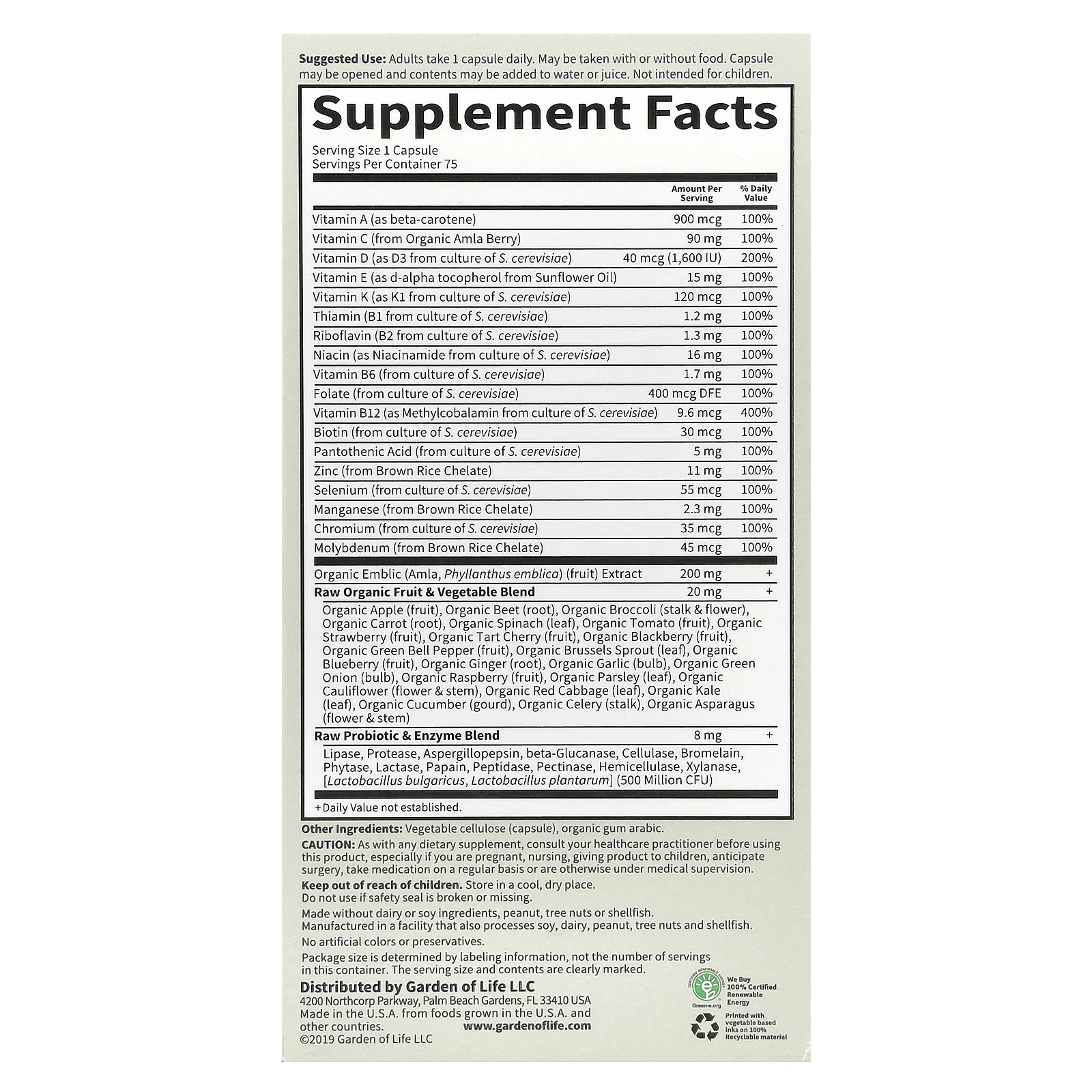Garden of Life, Vitamin Code, RAW One, мультивитаминная добавка для мужчин (для приема 1 раз в день), 75 вегетарианских капсул