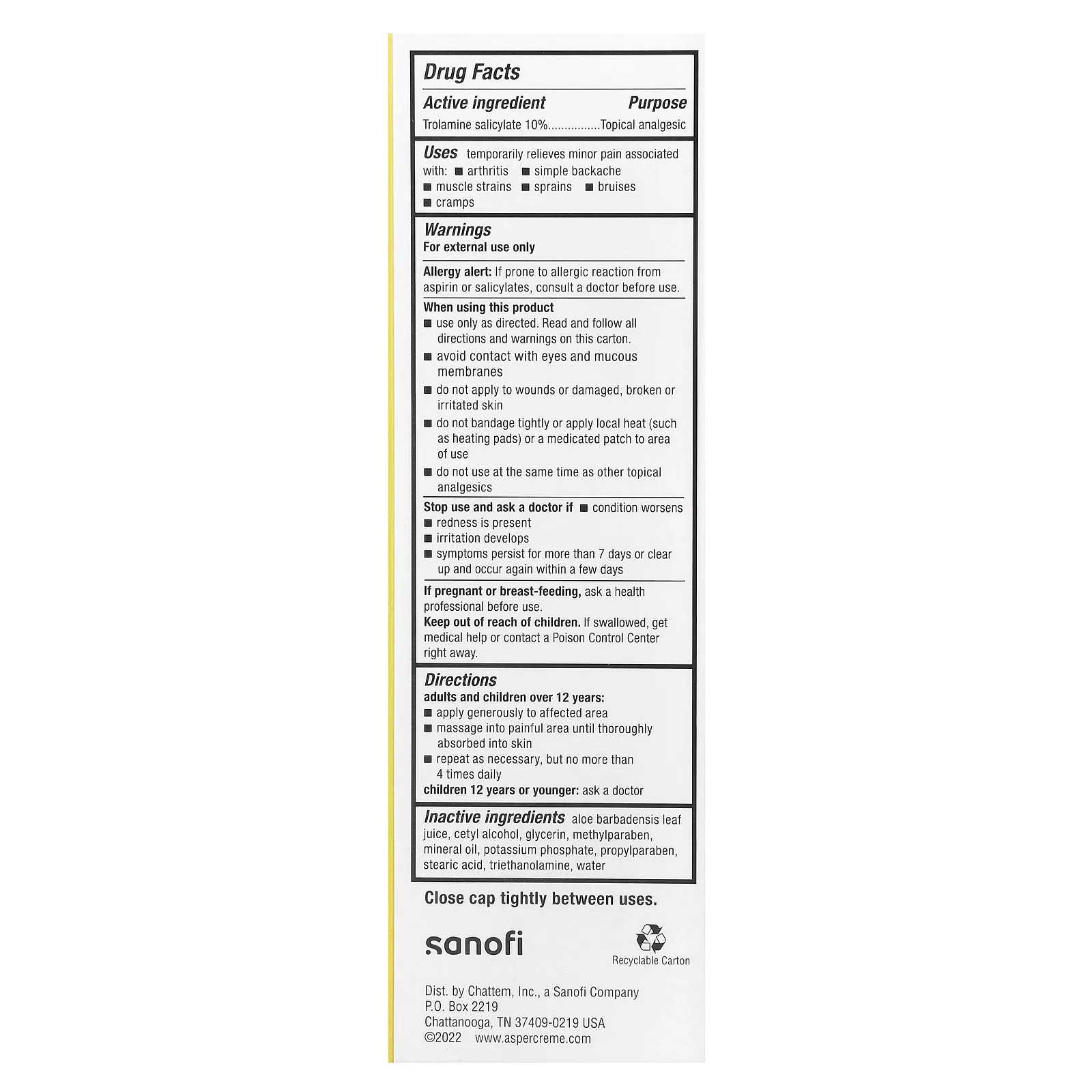 Aspercreme, Оригинальный обезболивающий крем с 10% салицилатом троламина, максимальная сила действия, без отдушек, 141 г (5 унций)