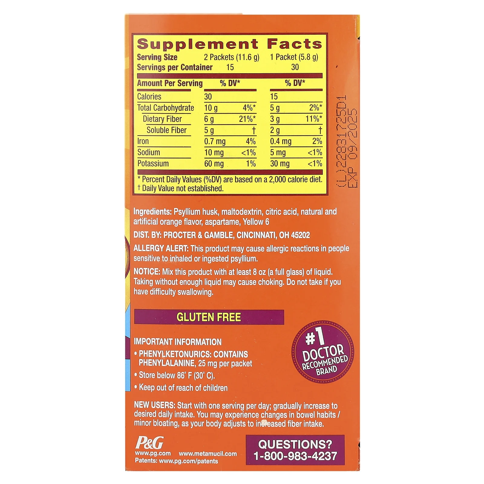 Metamucil, On-The-Go, клетчатка 4 в 1, без сахара, апельсин, 30 пакетиков с порошком по 5,8 г (0,21 унции)