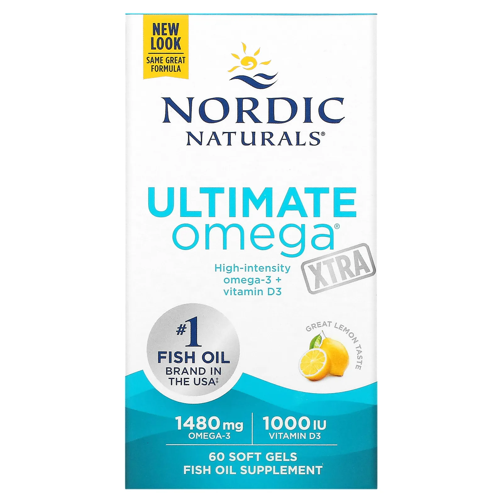 Nordic Naturals, Ultimate Omega Xtra, высокоэффективные омега-3 кислоты, со вкусом лимона, 1480 мг, 60 капсул (740 мг в 1 капсуле)