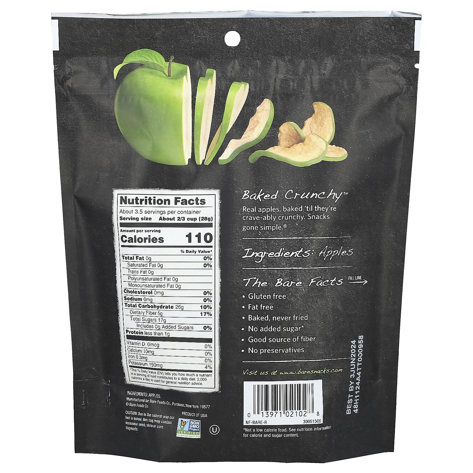 Bare Snacks, Baked Crunchy, яблочные чипсы, Granny Smith, 96,3 г (3,4 унции)