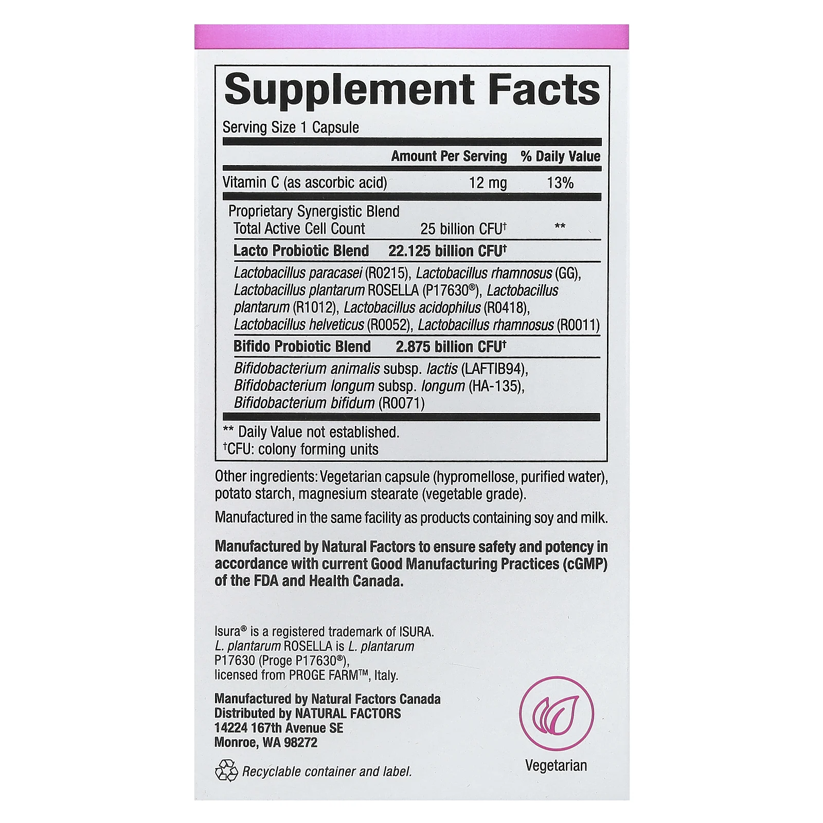 Natural Factors, Лучший пробиотик для женщин на каждый день, 25 миллиардов, 30 вегетарианских капсул