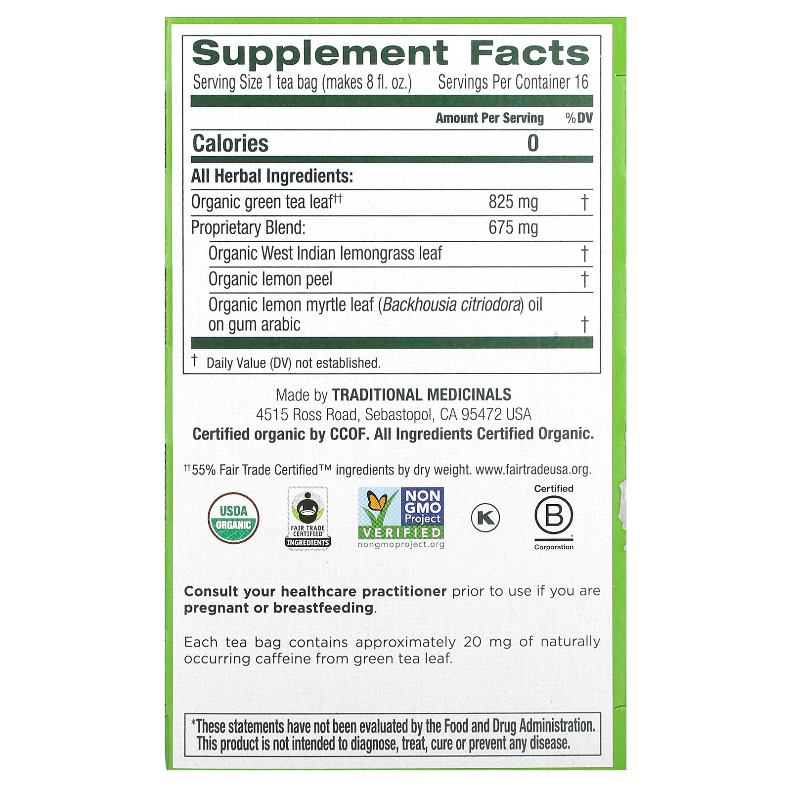 Traditional Medicinals, органический зеленый чай, лемонграсс, 16 чайных пакетиков, 24 г (0,85 унции)