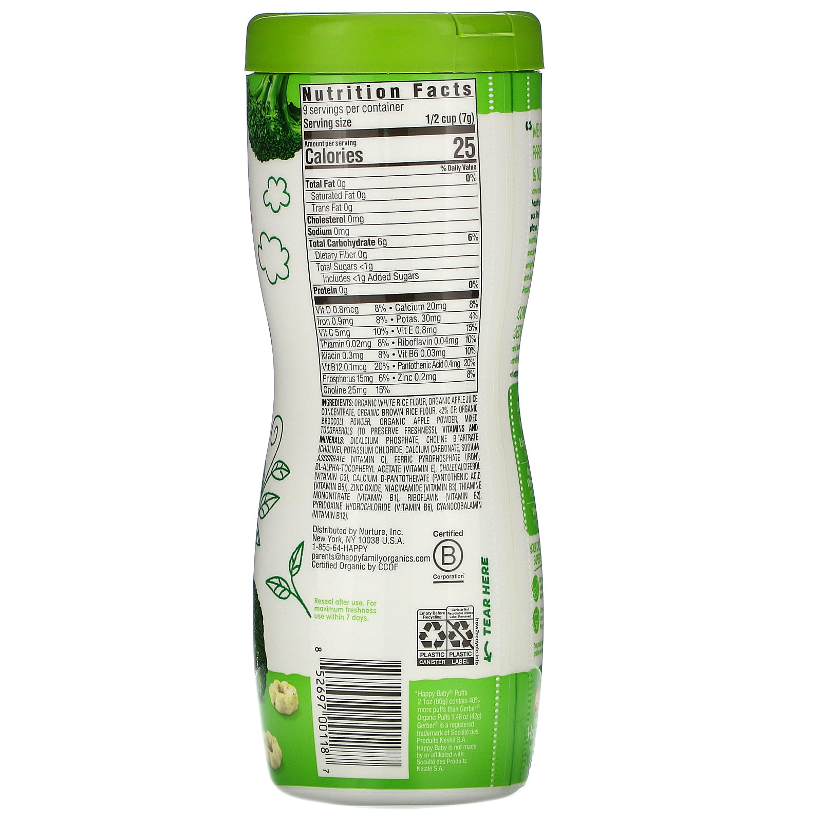 Happy Family Organics, Superfood Puffs, снек из органических злаков, яблоко и брокколи, 60 г (2,1 унции)