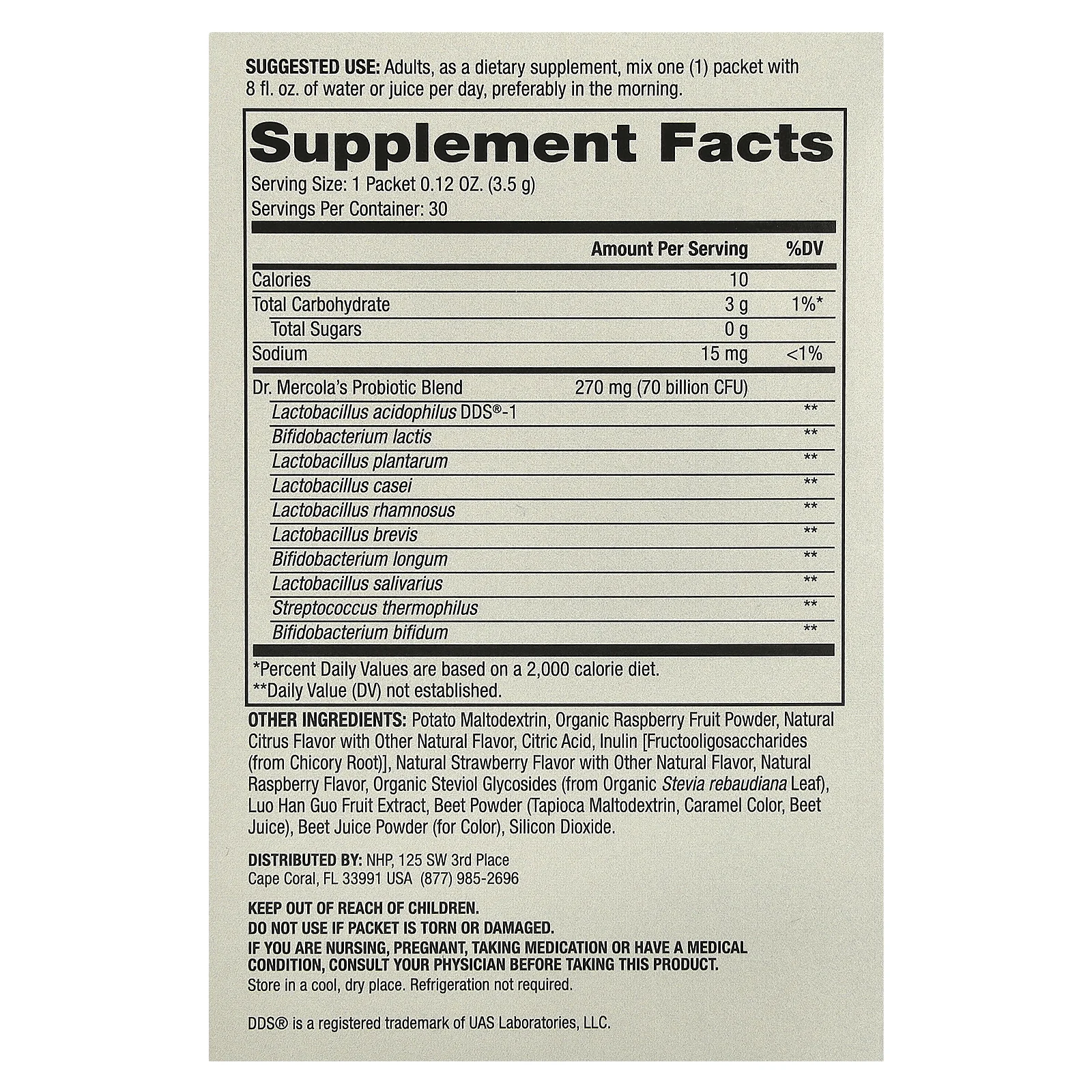 Dr. Mercola, комплекс пробиотиков в виде порошка в пакетиках, натуральный малиновый вкус, 70 млрд КОЕ, 30 пакетиков, по 3,5 г (0,12 унции) каждый