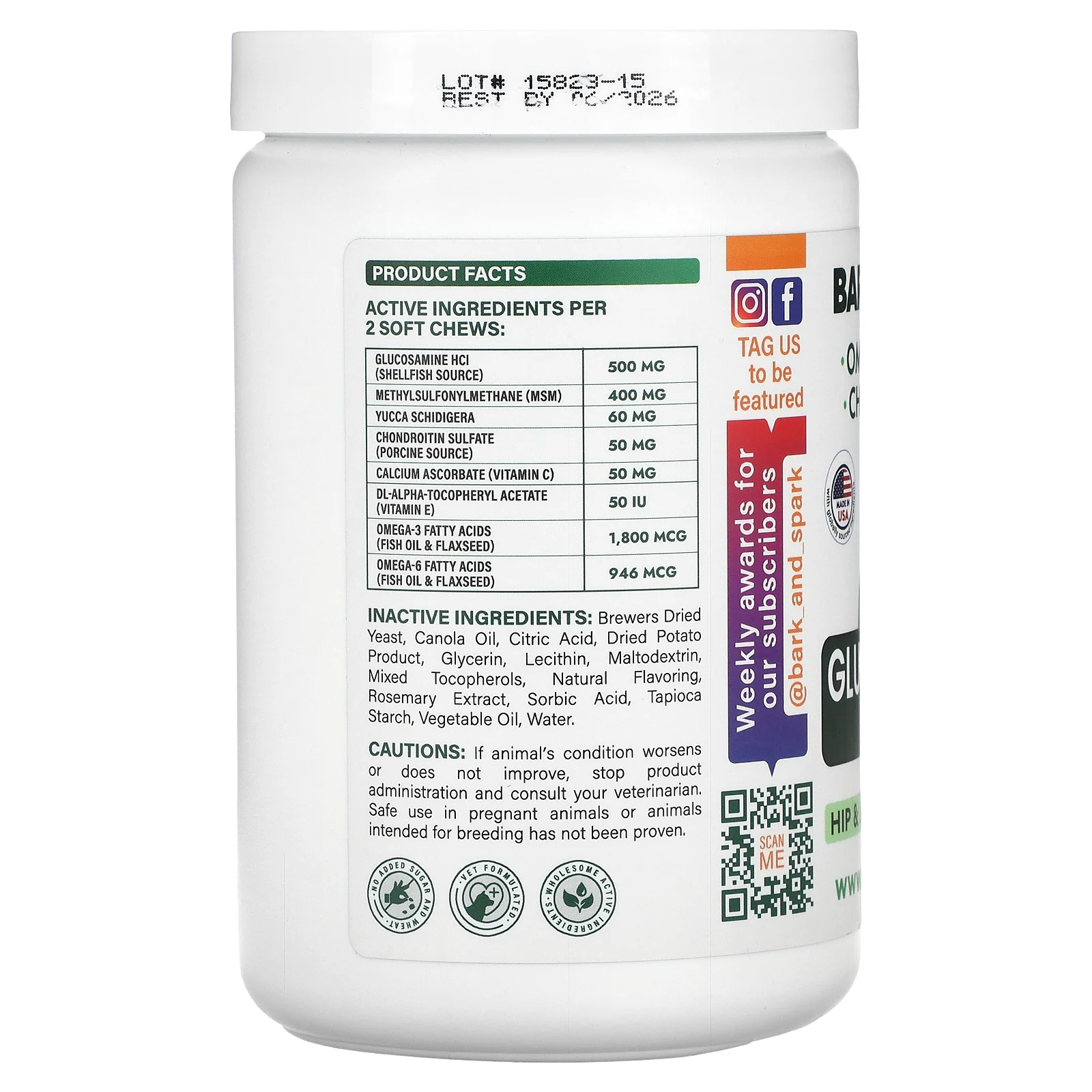 Bark&Spark, глюкозамин, для собак и кошек, со вкусом курицы, 180 жевательных таблеток, 432 г (15 унций)