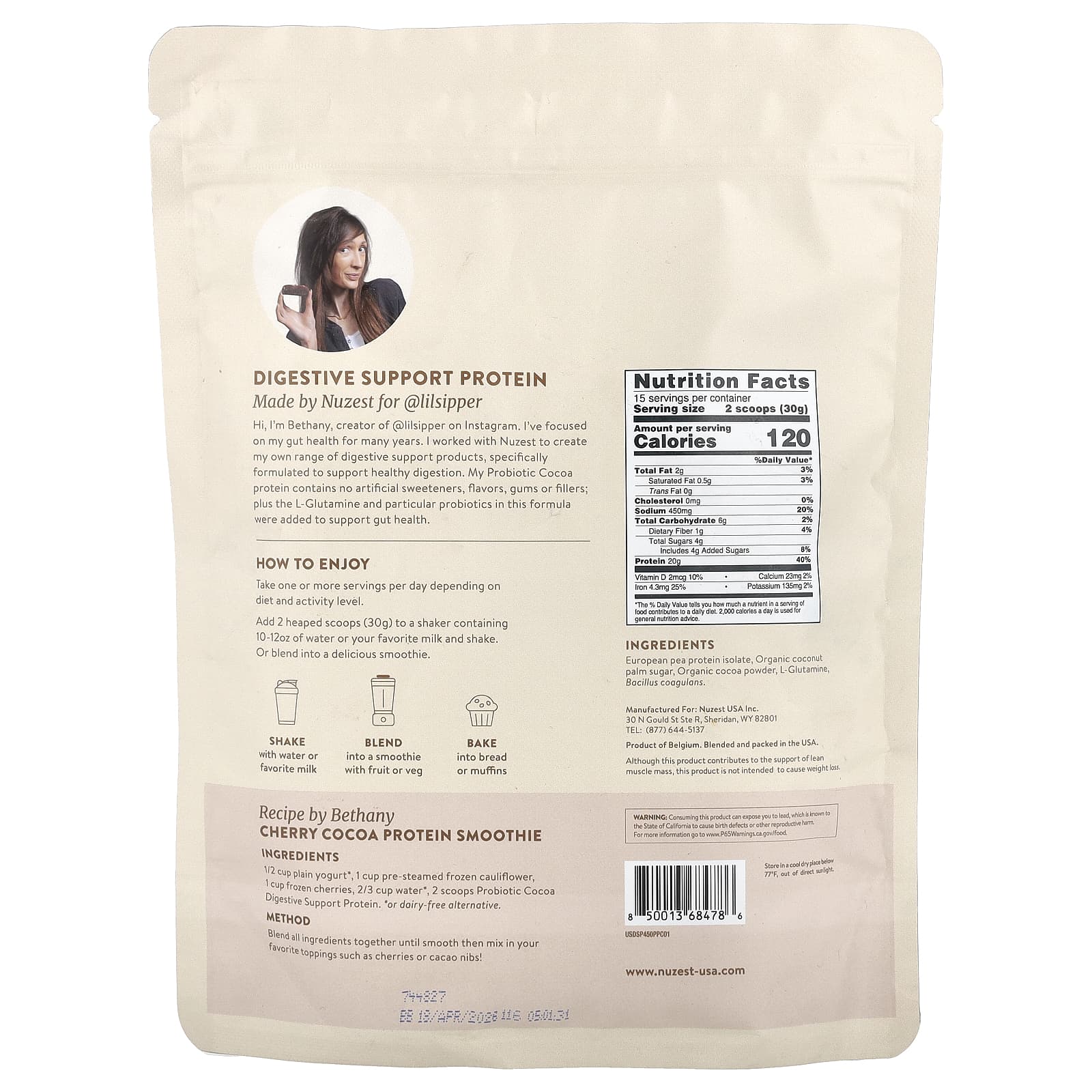 Nuzest, Bethany's Pantry, Digestive Support Protein ™, пробиотик какао, 450 г (15,87 унции)