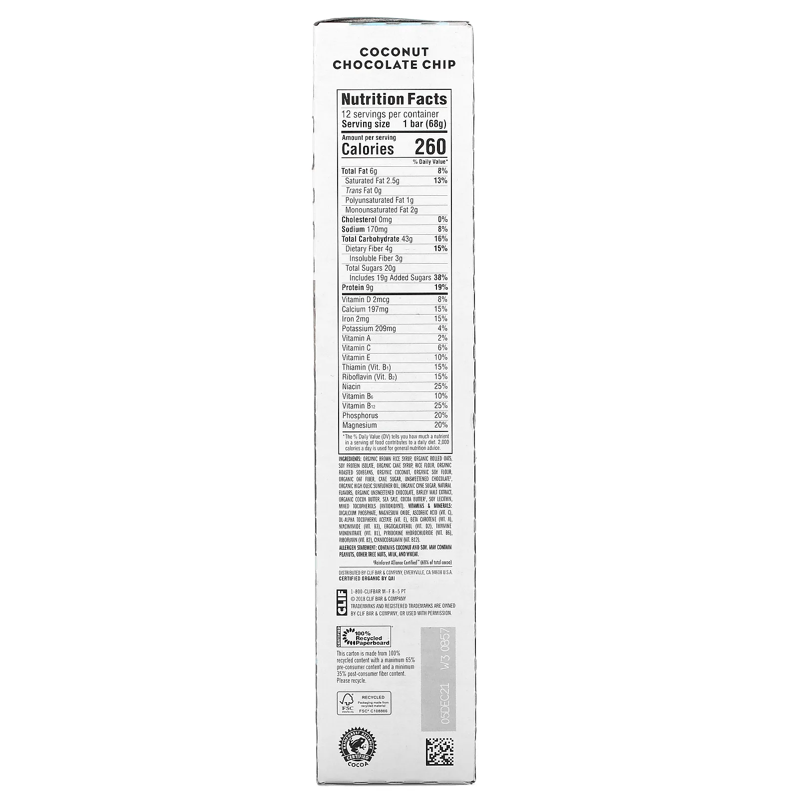 Clif Bar, Energy Bar, кокос и шоколадная крошка, 12 батончиков, 68 г (2,40 унции)