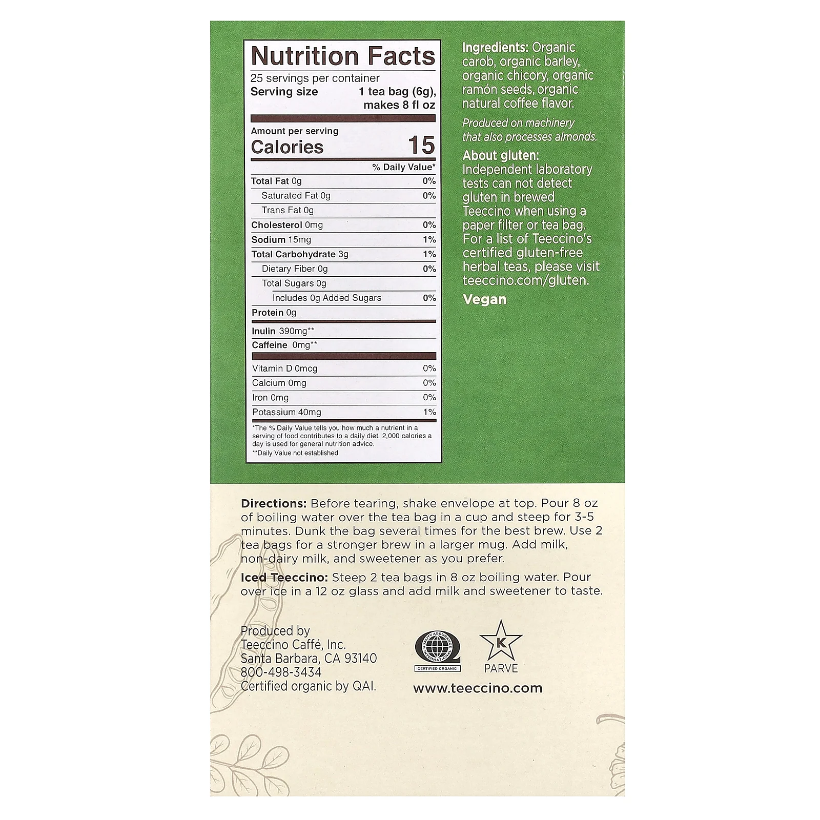 Teeccino, органический чай из обжаренных трав, французская обжарка, без кофеина, 25 чайных пакетиков, 150 г (5,3 унции)