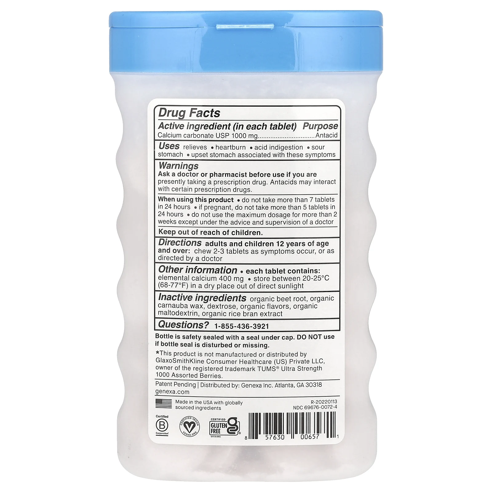 Genexa, антацид максимальной силы, органические ягоды и ваниль, 1000 мг, 72 жевательные таблетки