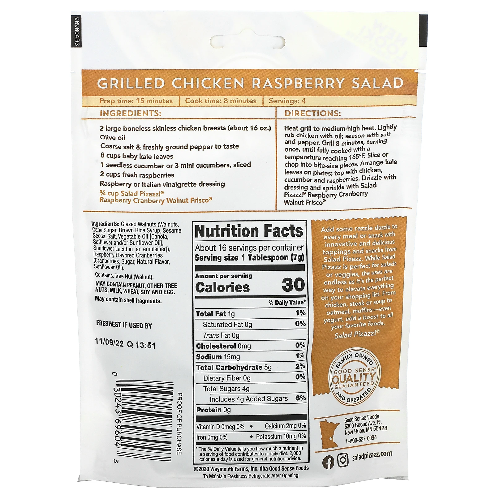 Salad Pizazz!, фруктово-ореховая посыпка, клюква с малиной и грецкие орехи Frisco, 113 г (4 унции)