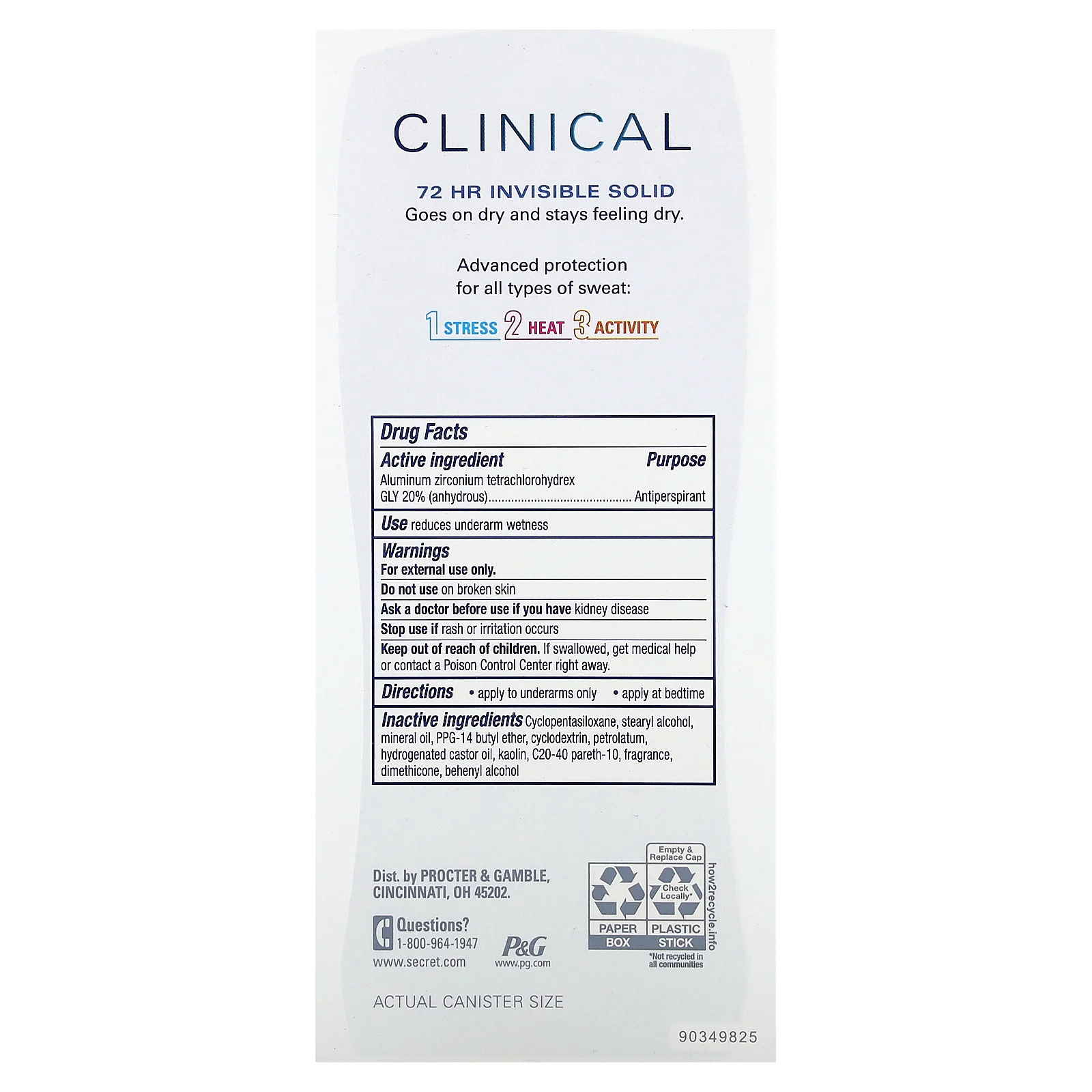 Secret, Clinical 72 HR, невидимый твердый дезодорант, полное очищение, 73 г (2,6 унции)