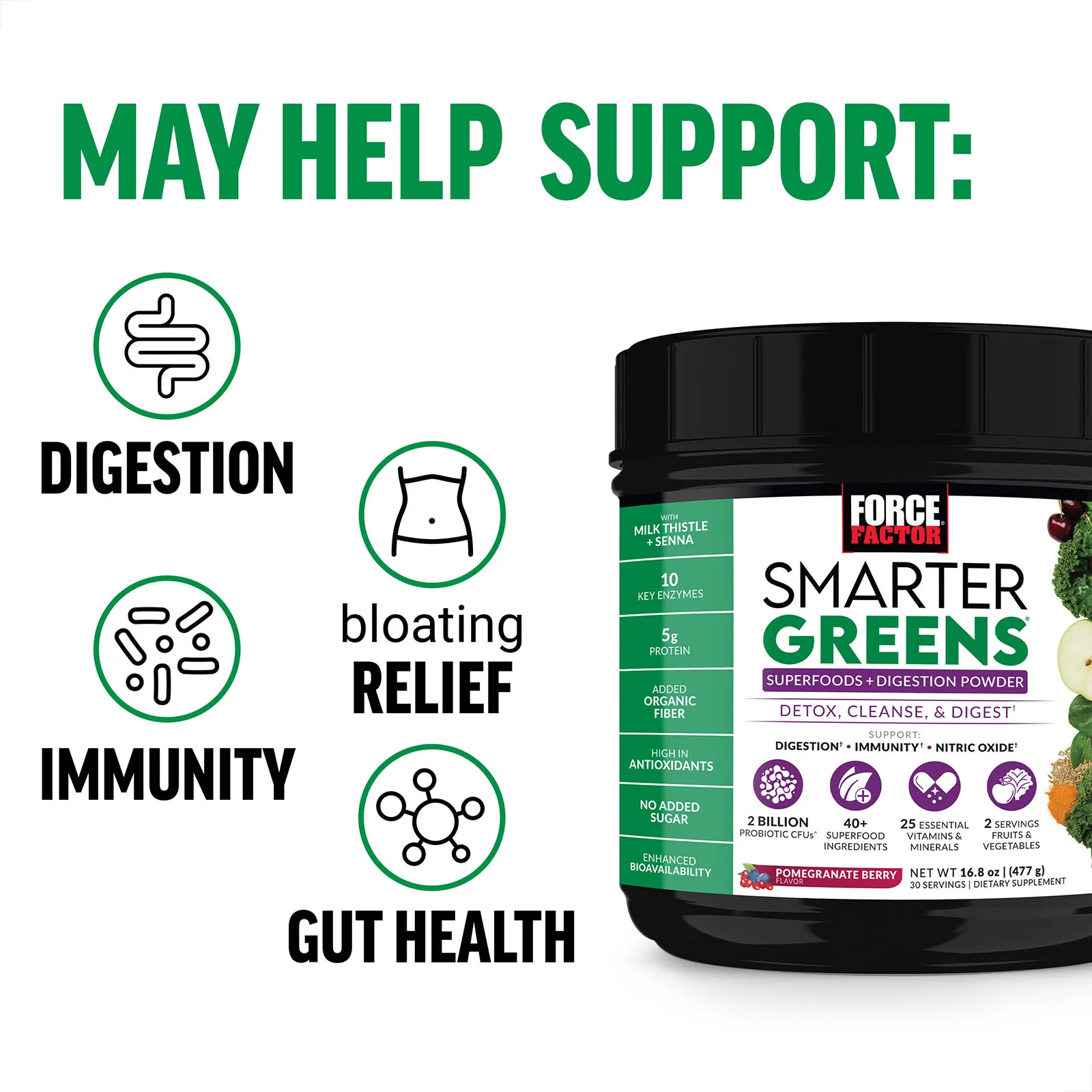 Force Factor, Smarter Greens, суперфуды и порошок для улучшения пищеварения, гранат, 419 г (14,8 унции)