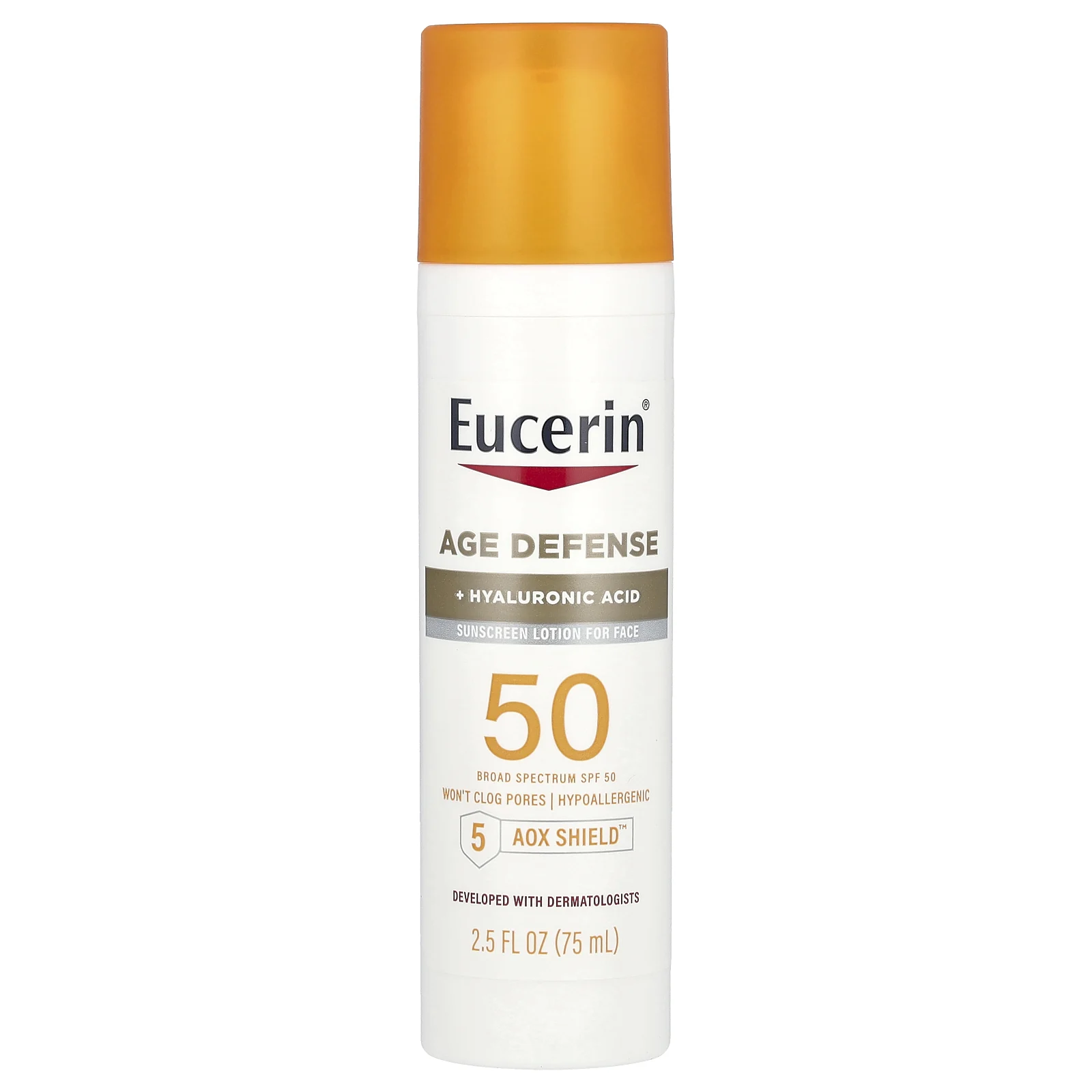 Eucerin, Age Defense, легкий солнцезащитный лосьон для лица, SPF 50, без отдушек, 75 мл (2,5 жидк. Унции)