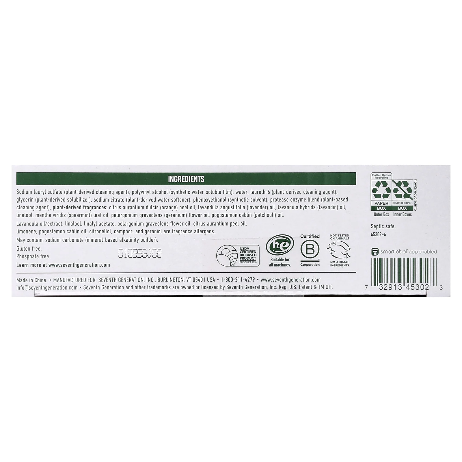 Seventh Generation, салфетки для стирки, свежая лаванда, 32 шт., 122,4 г (4,317 унции)