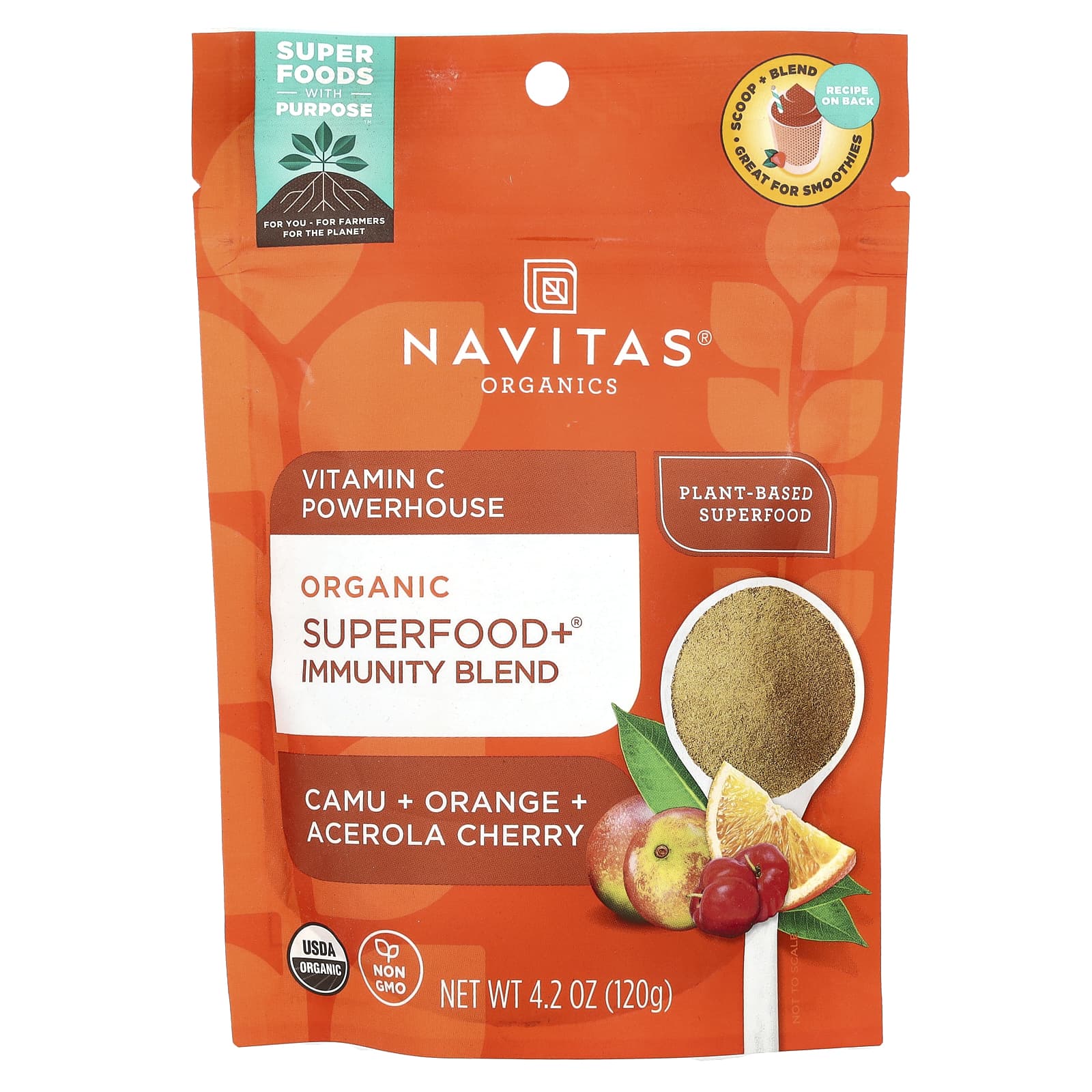 Navitas Organics, Organic Superfood + Immunity Blend, витамин C Powerhouse, каму, апельсин и ацерола, 120 г (4,2 унции)