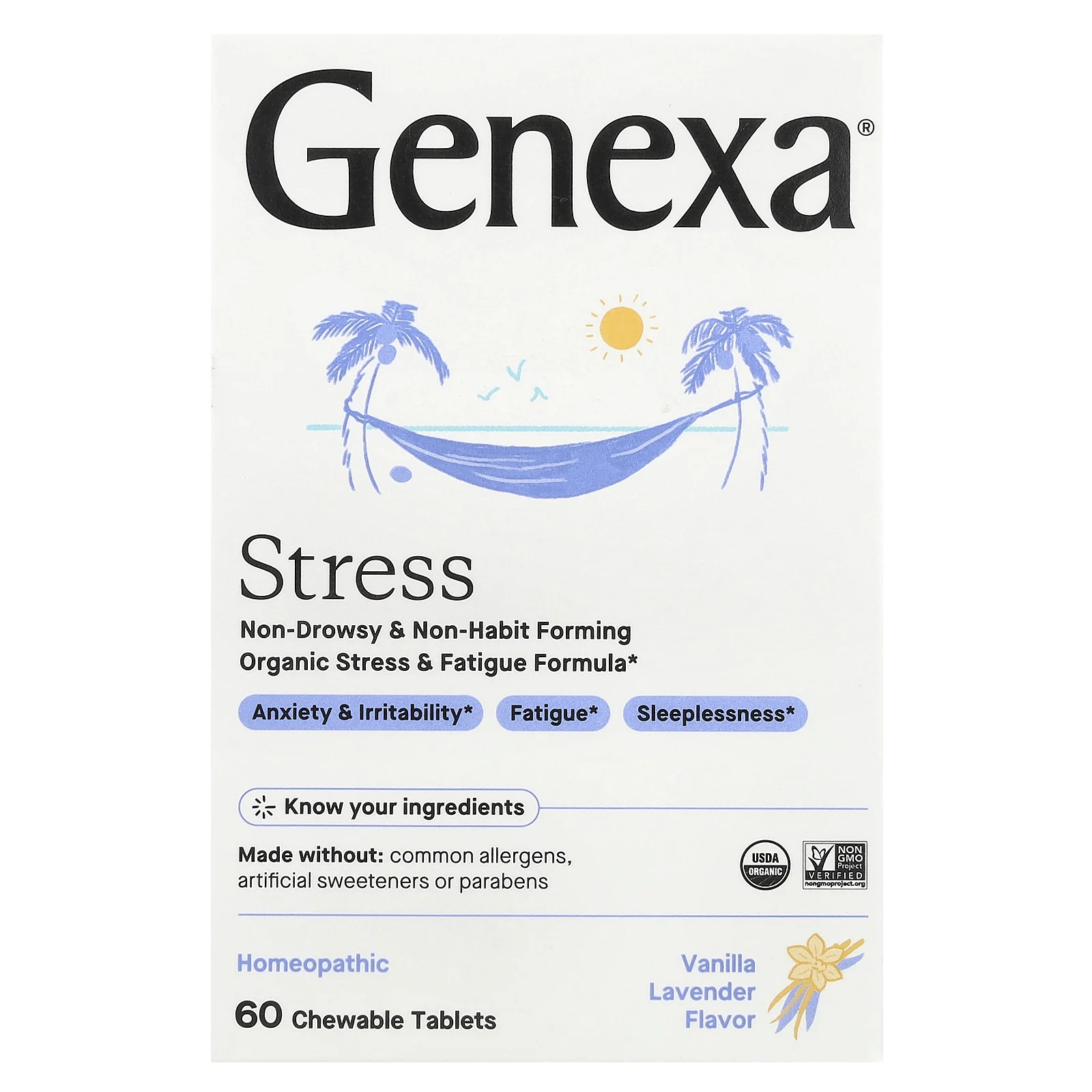 Genexa, Stress, органическая формула для снятия стресса и усталости, органические ваниль и лаванда, 60 жевательных таблеток
