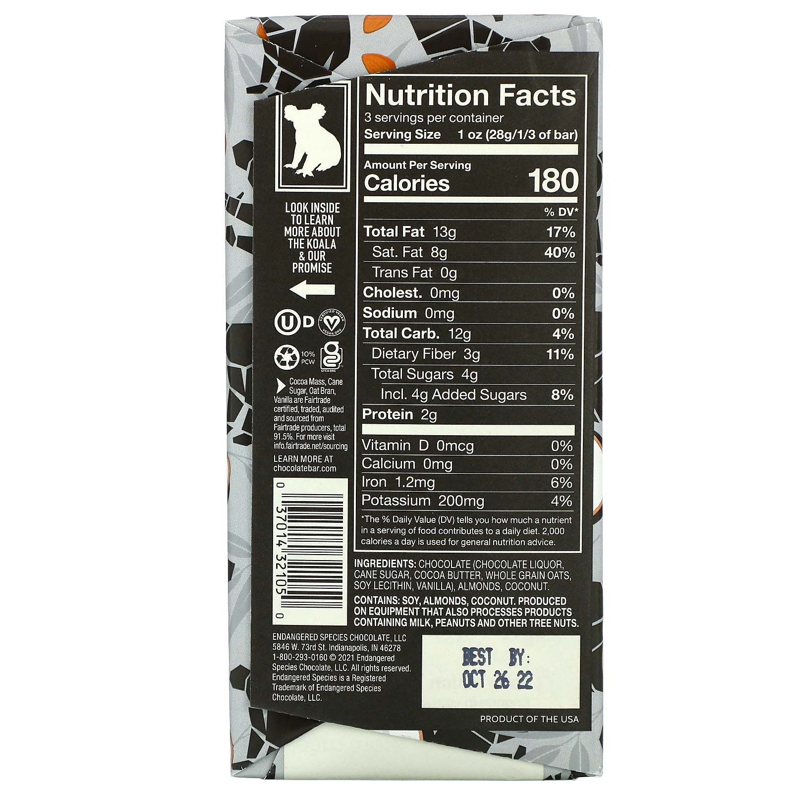 Endangered Species Chocolate, Овсяное молоко, кокос и миндаль + темный шоколад, 75% какао, 85 г (3 унции)