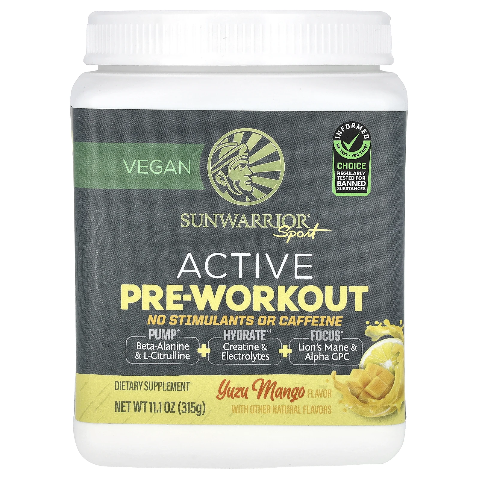 Sunwarrior, Sport, активный прием перед тренировкой, без стимуляторов и кофеина, юдзу и манго, 315 г (11,1 унции)