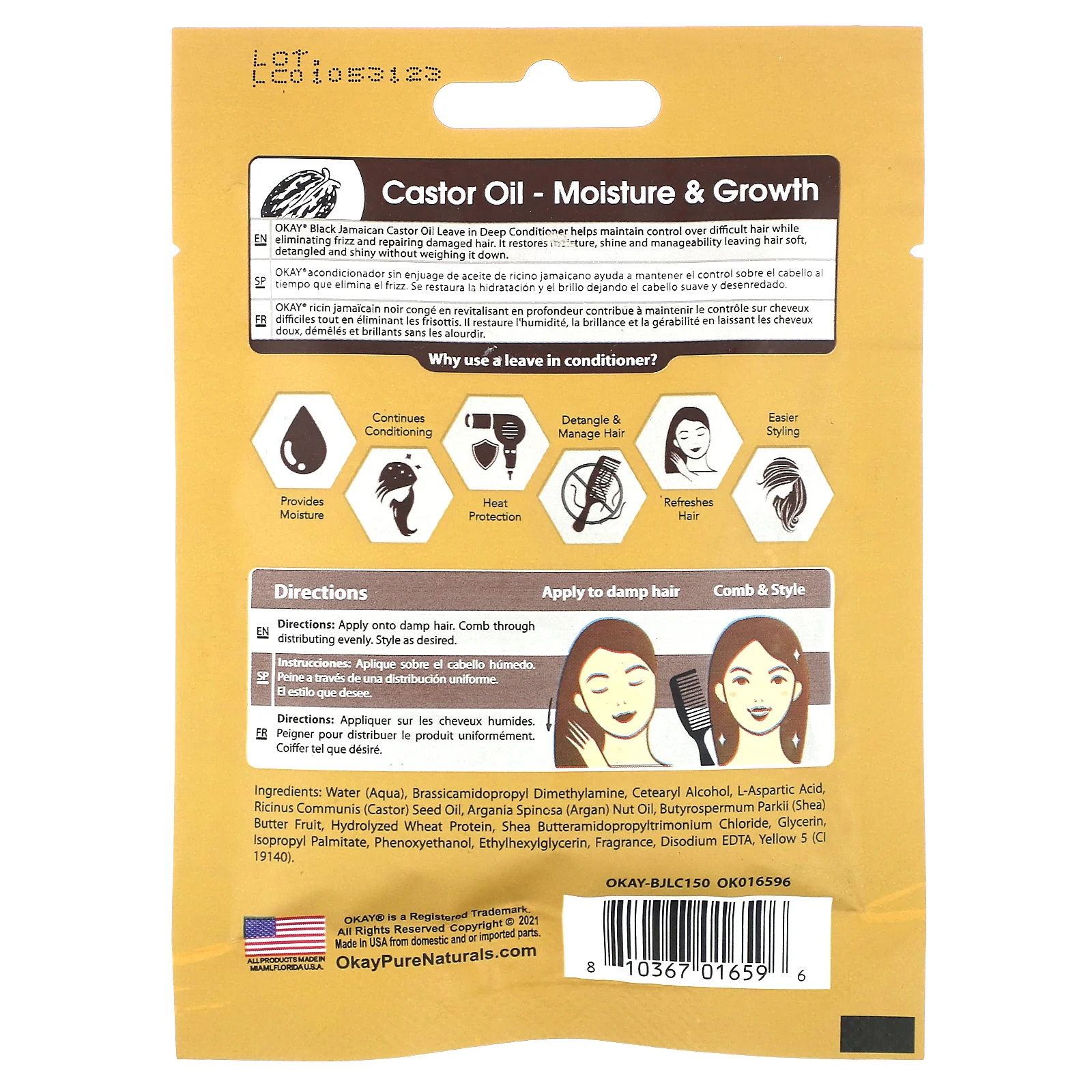 Okay Pure Naturals, Черное ямайское касторовое масло, оставьте в кондиционере для глубокого нанесения, 37 мл (1,25 жидк. Унции)