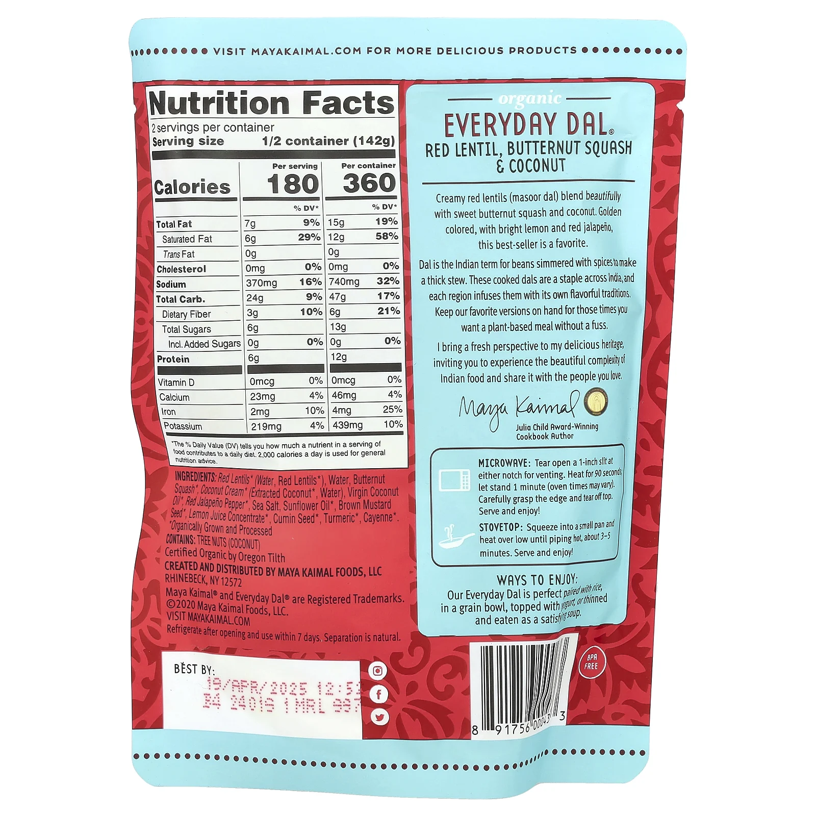 Maya Kaimal, Organic Everyday Dal, красная чечевица, мускатная тыква и кокос, 284 г (10 унций)