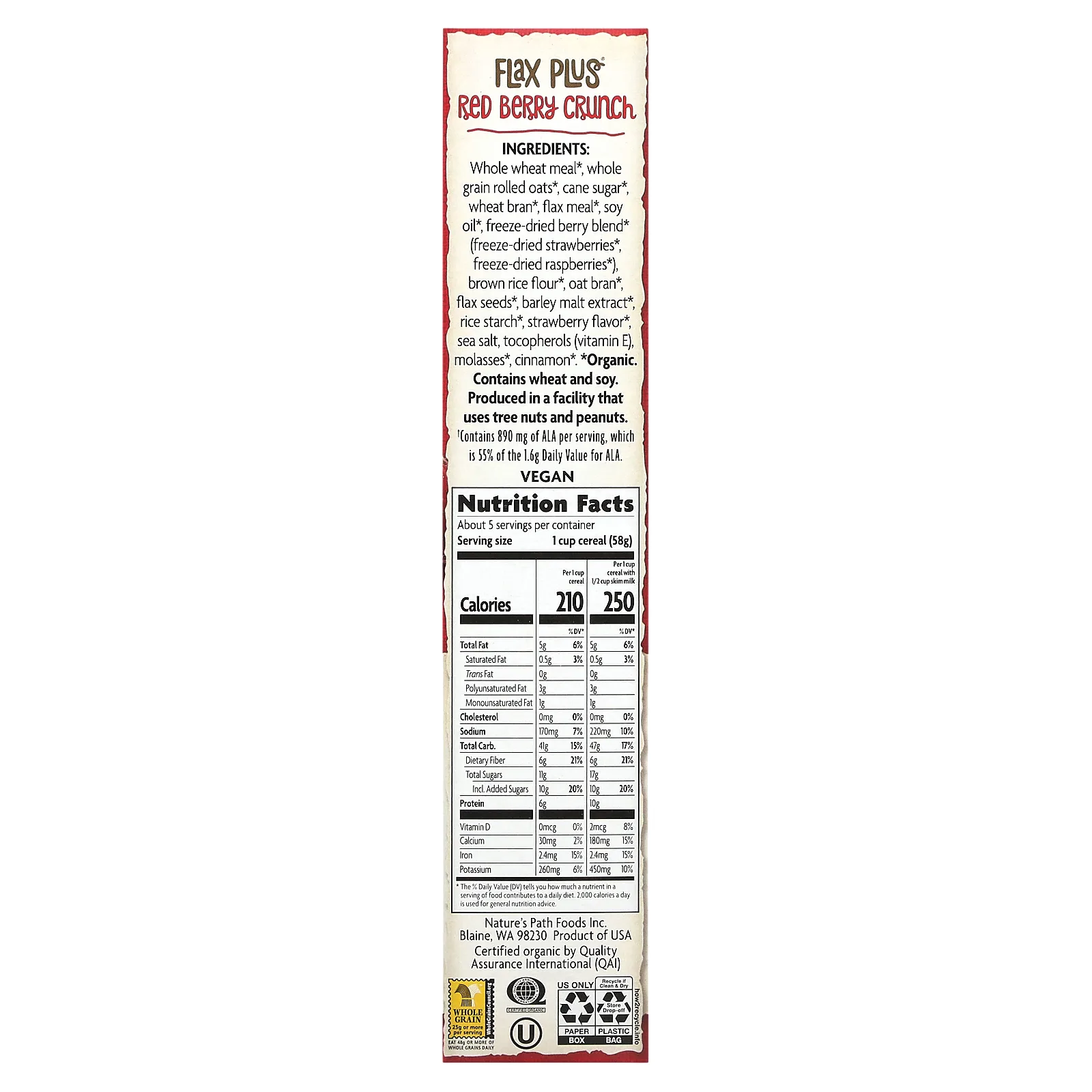 Nature's Path, Flax Plus, органические хлопья с красными ягодами, 300 г (10,6 унции)