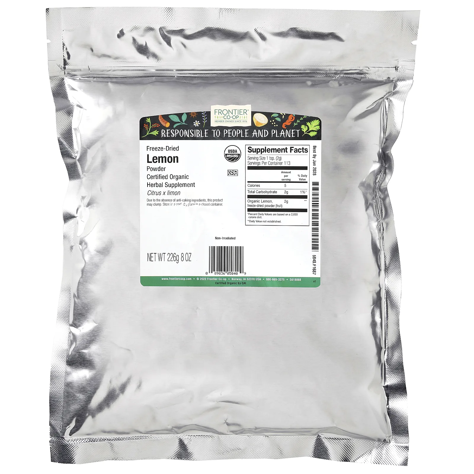 Frontier Co-op, органический сублимированный лимонный порошок, 226 г (8 унций)