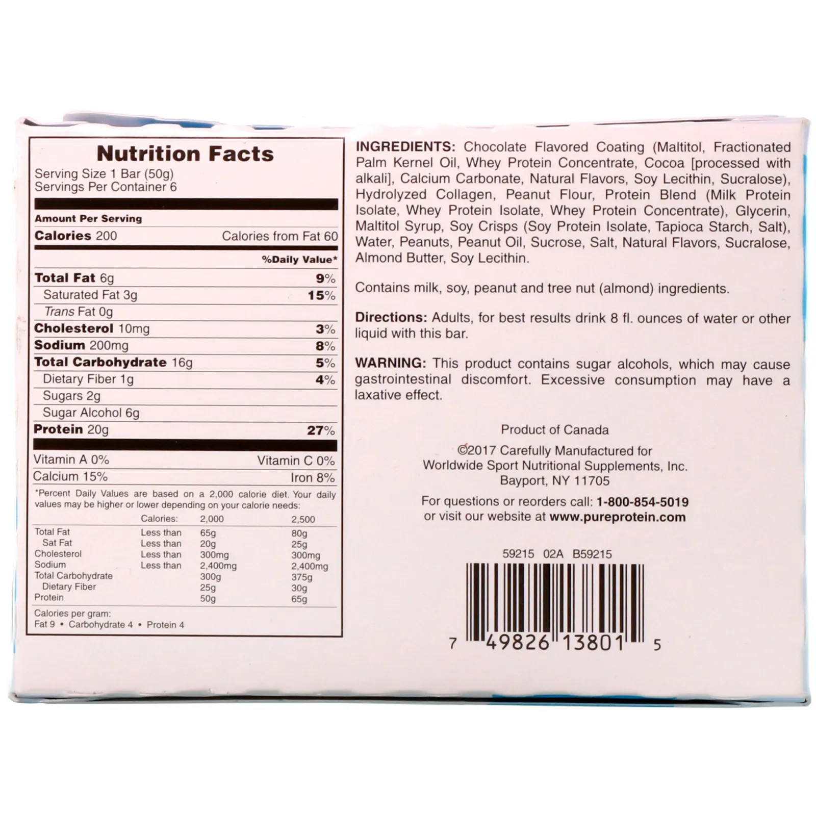 Pure Protein, шоколадный батончик с арахисовым маслом, 6 батончиков, весом 50 г (1,76 унции) каждый