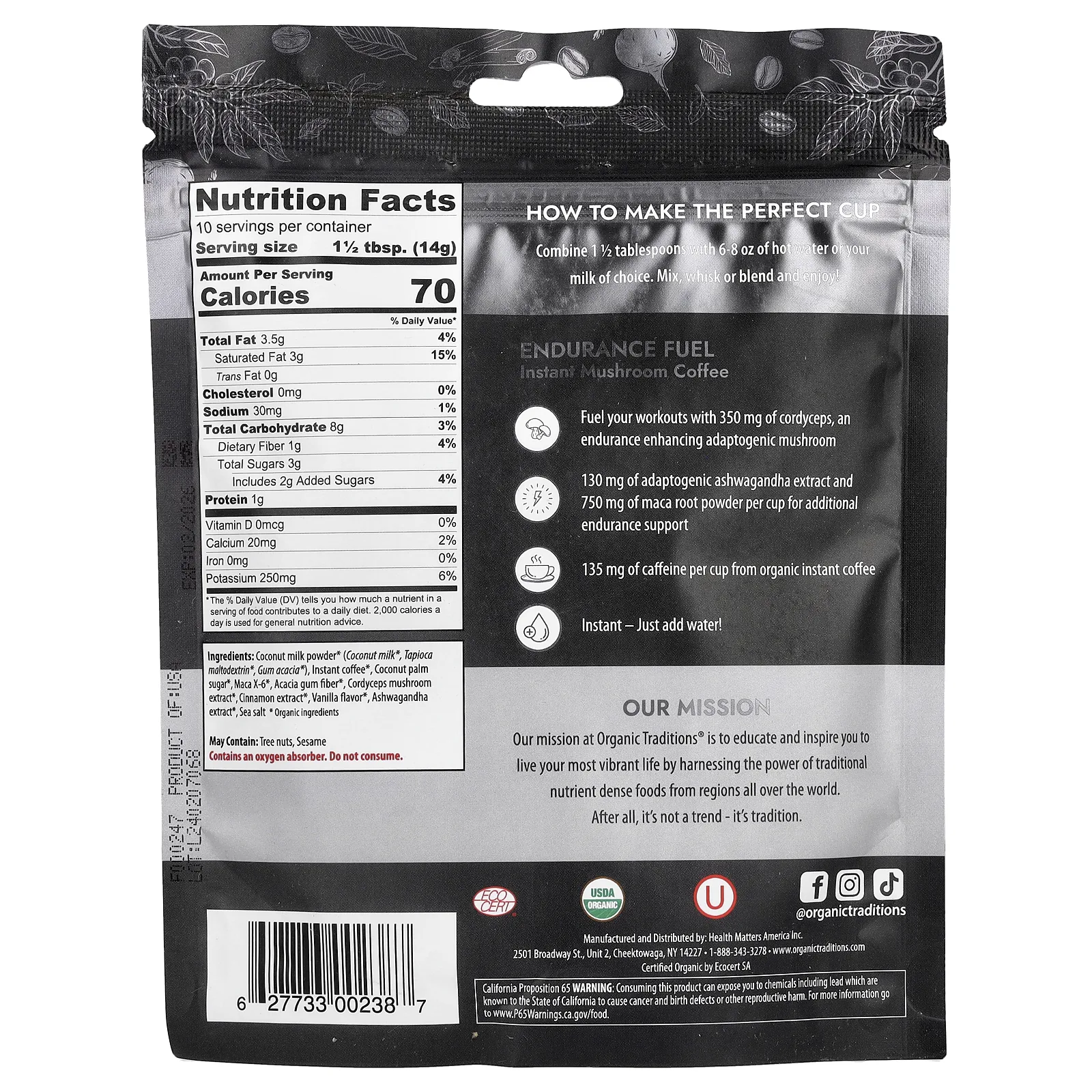 Organic Traditions, Endurance Fuel, растворимый грибной кофе, 140 г (5 унций)