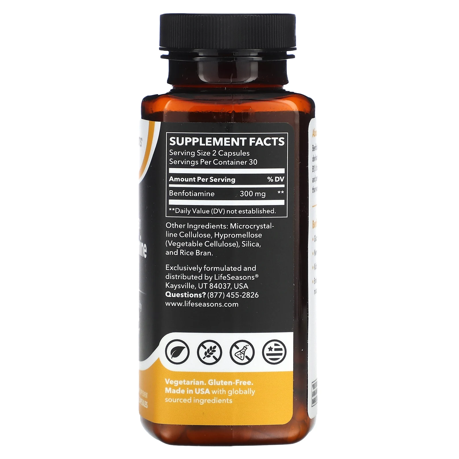 LifeSeasons, жирорастворимый витамин B1 бенфотиамин, 300 мг, 60 растительных капсул (150 мг в 1 капсуле)