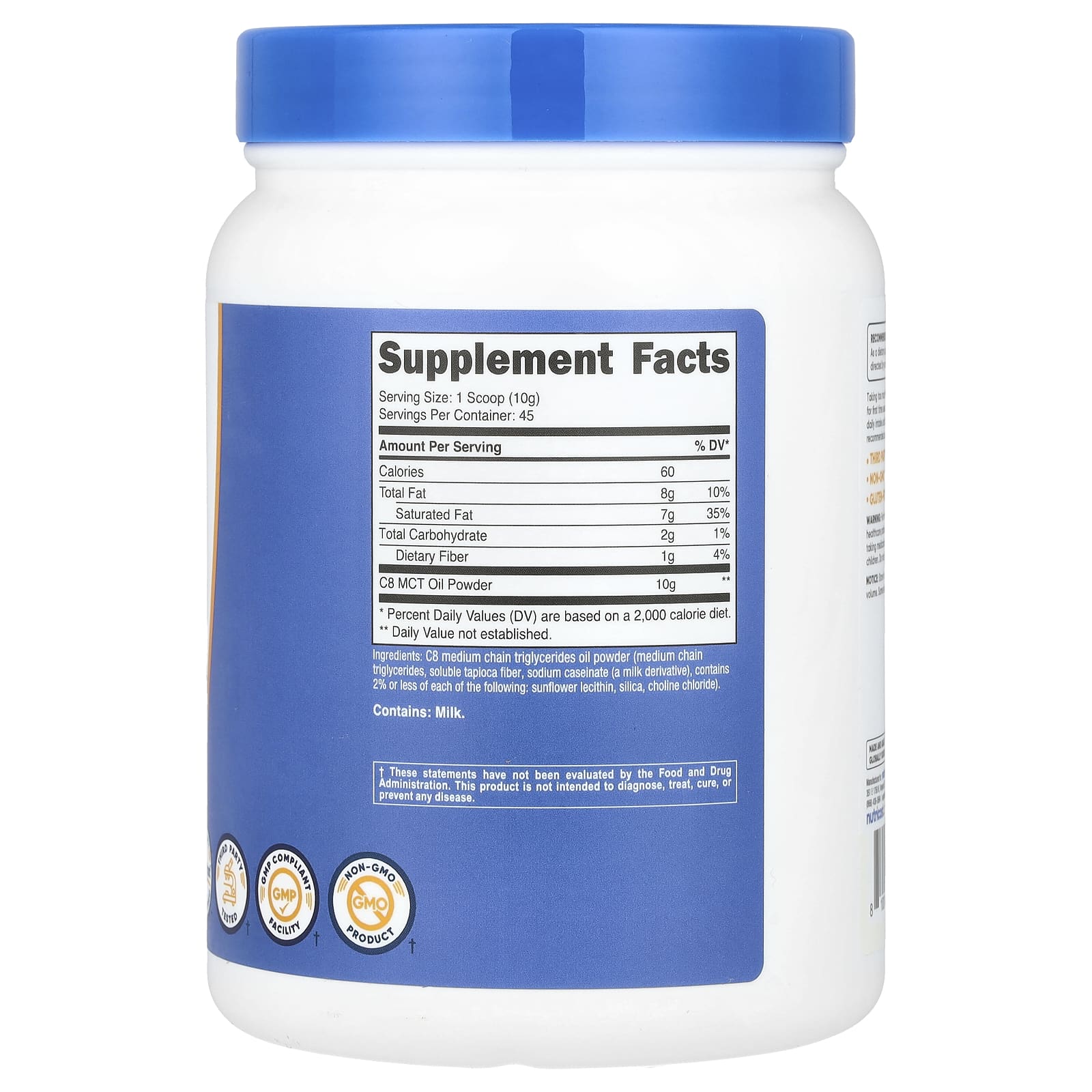 Nutricost, Масло C8 MCT в порошке, без ароматизаторов, 454 г (16,2 унции)