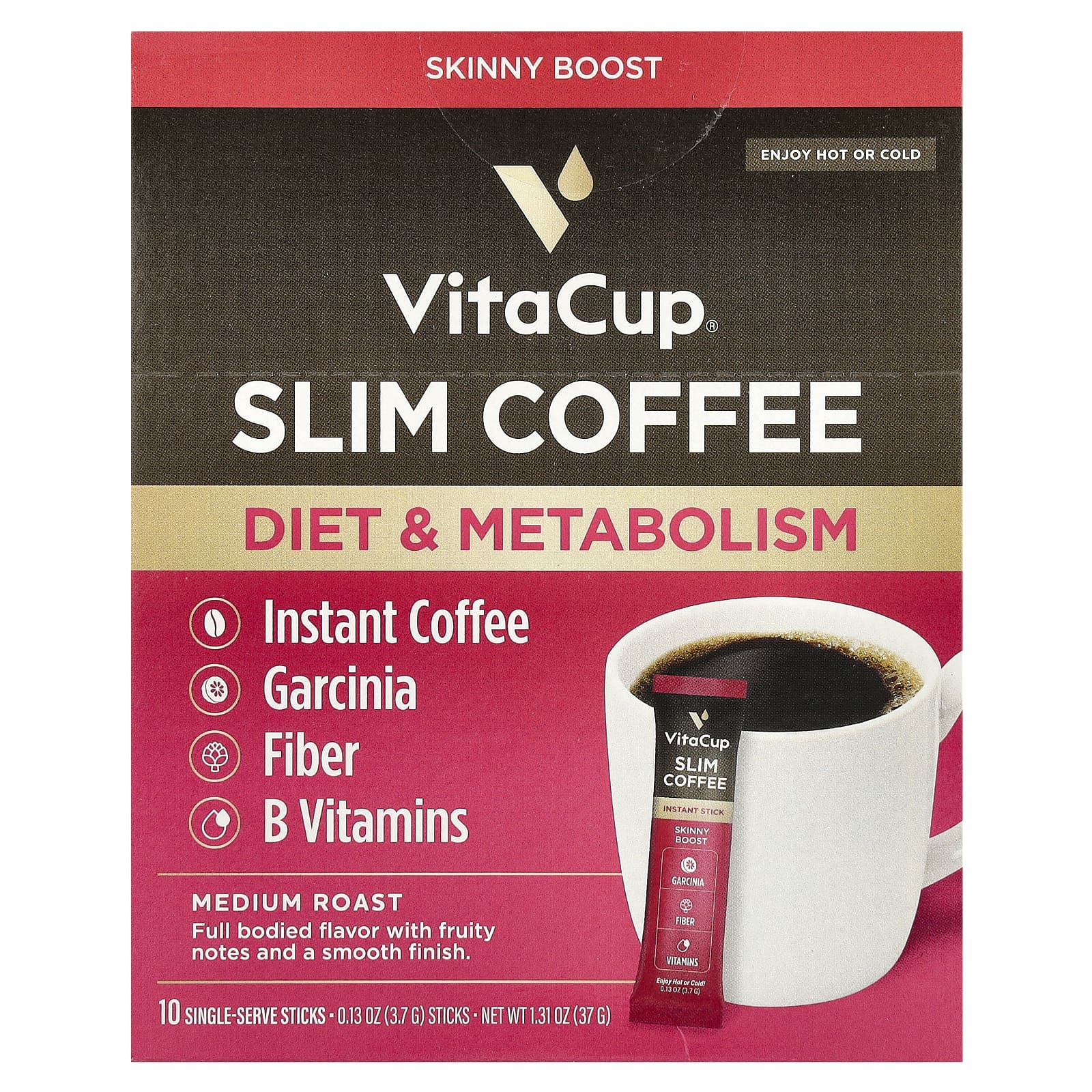VitaCup, Растворимый кофе Slim, средней темной обжарки, 10 палочек для еды, по 3,7 г (0,13 унции) каждый
