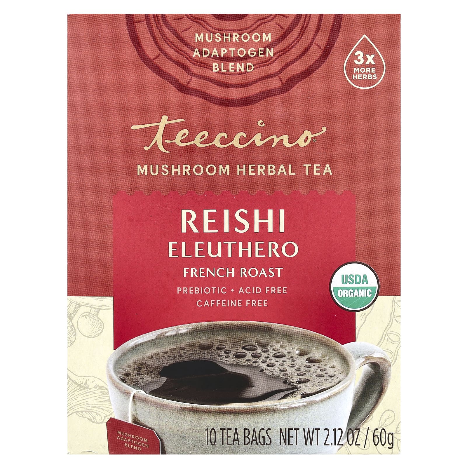 Teeccino, Mushroom Herbal Tea, Organic Reishi Eleuthero, French Roast, Caffeine Free, 10 Tea Bags, 2.12 oz (60 g)