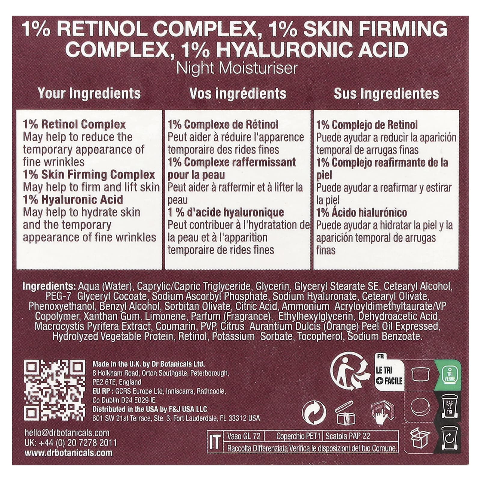 Dr. Botanicals, Re1, комплекс с ретинолом, комплекс для повышения упругости кожи и гиалуроновая кислота, ночное увлажняющее средство, 60 мл (2 жидк. унции)