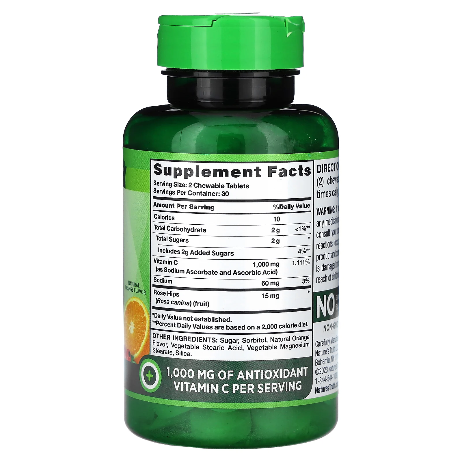 Nature's Truth, жевательный витамин C с диким шиповником, натуральный апельсин, 1000 мг, 60 жевательных таблеток (500 мг в одной таблетке)