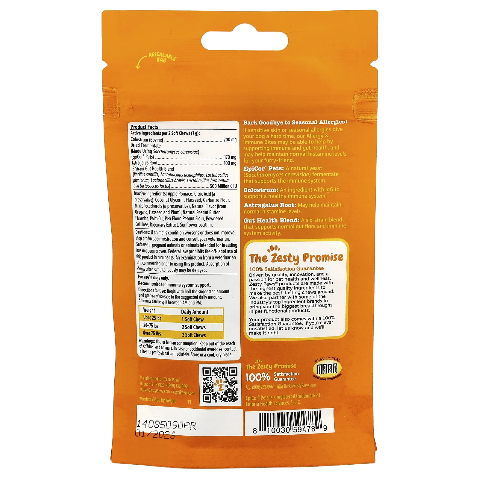 Zesty Paws, Аллергия и иммунные укусы, для собак, для всех возрастов, арахисовая паста, 10 жевательных таблеток, 35 г (1,2 унции)