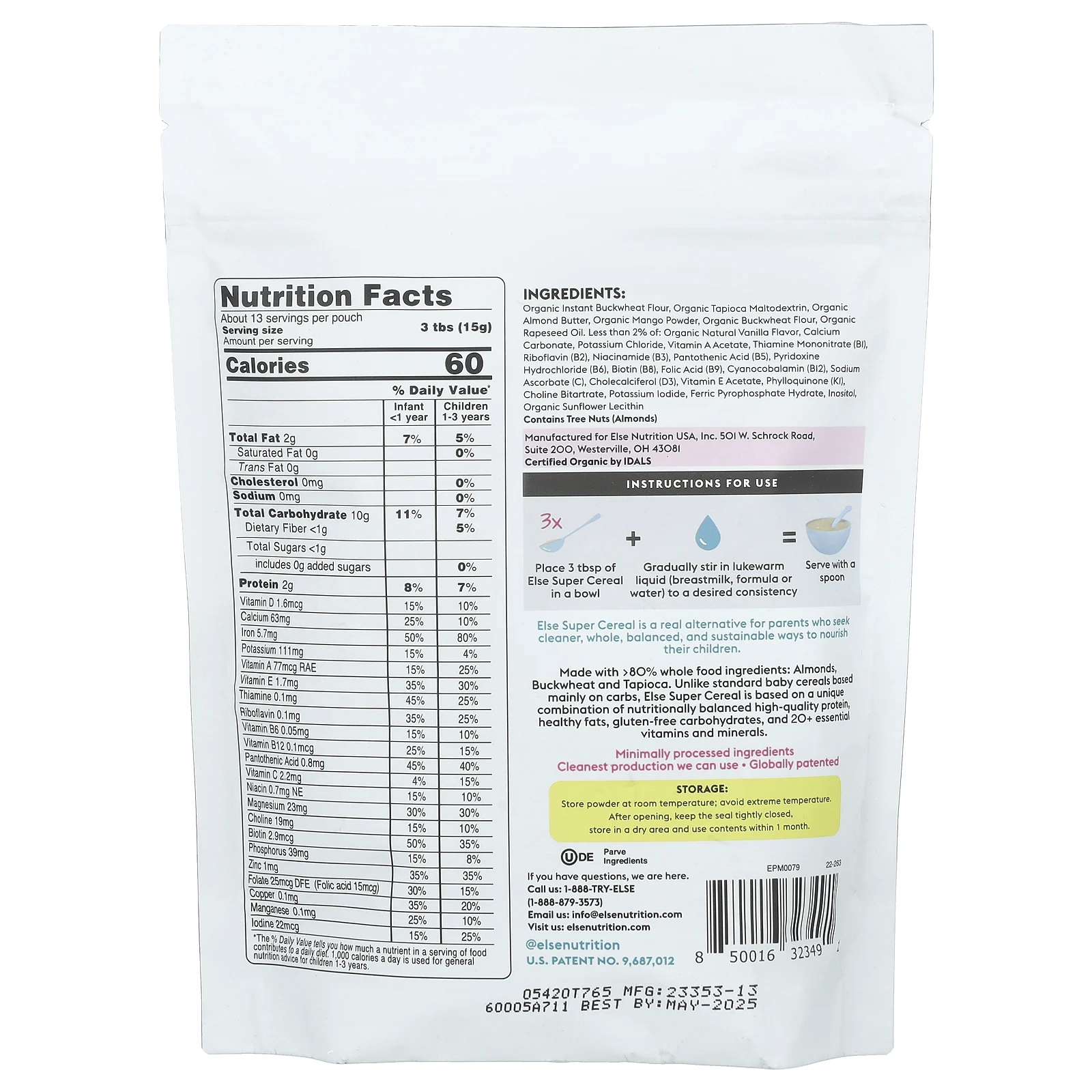 Else, Baby, растительный миндаль и гречка, супер злаки для детей от 6 месяцев, манго, 198 г (7 унций)