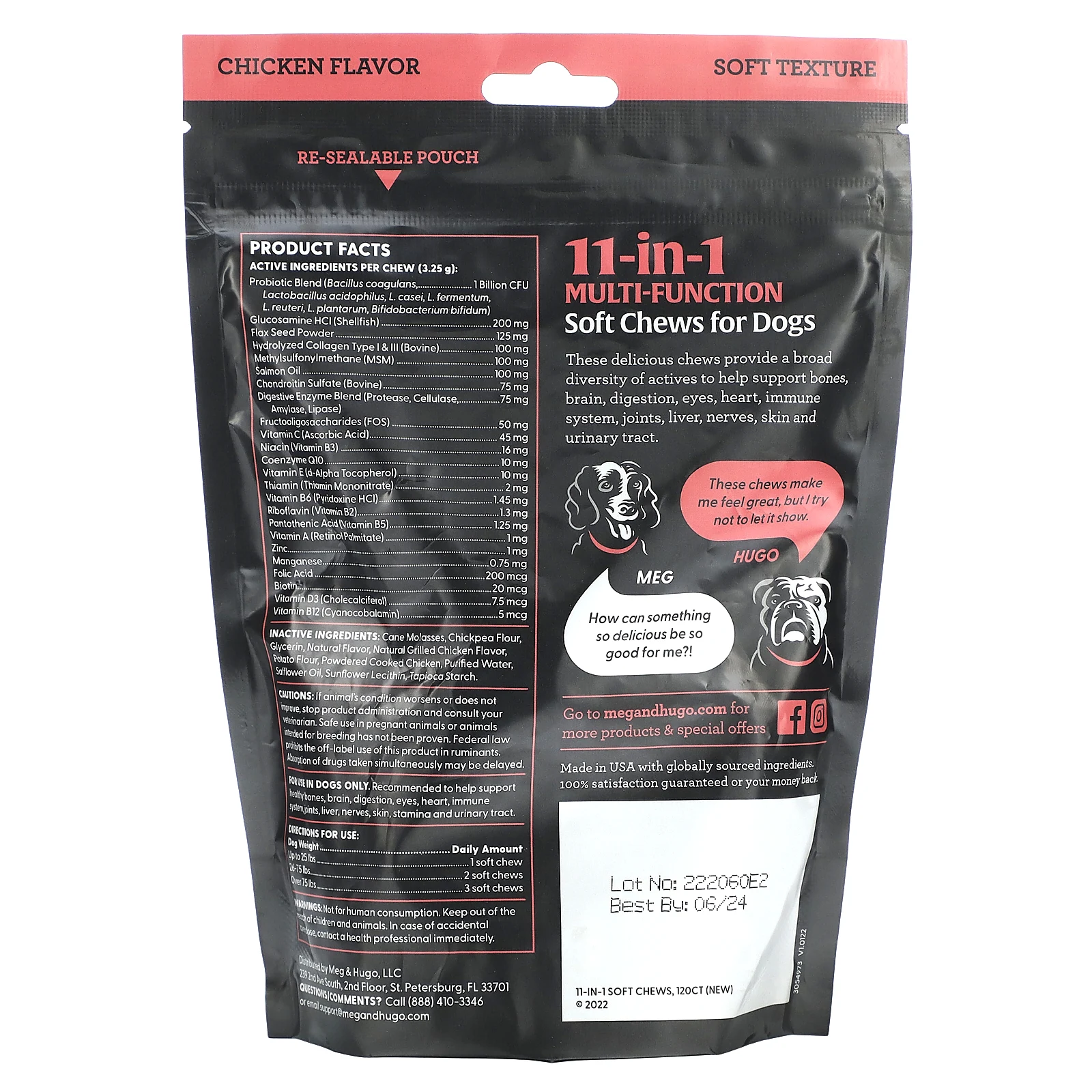 Meg & Hugo, Многофункциональные жевательные таблетки 11 в 1, для собак, для всех возрастов, с курицей, 120 жевательных таблеток, 390 г (13,76 унции)