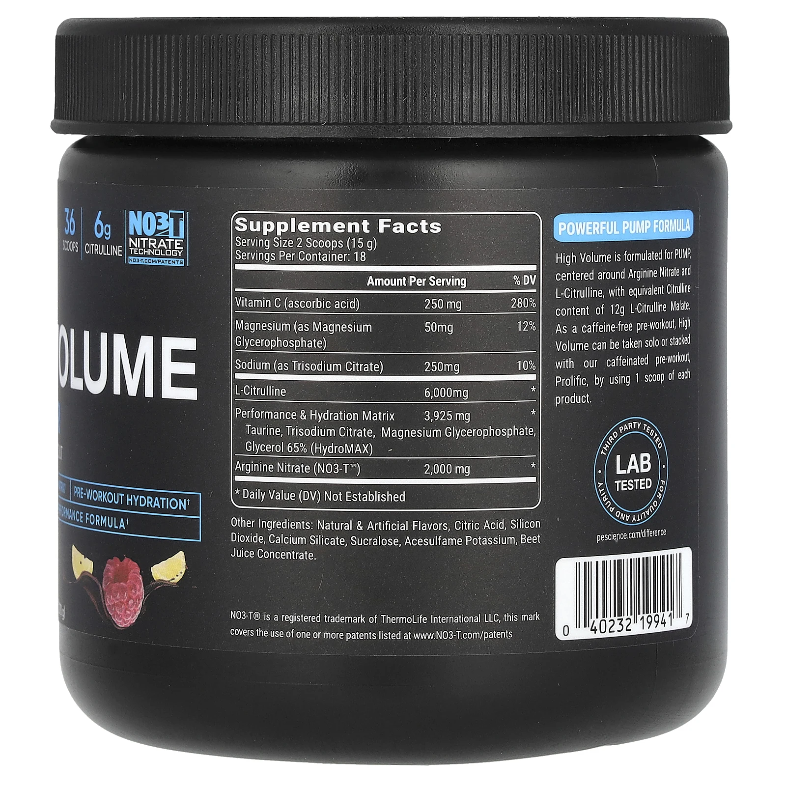 PEScience, High Volume, добавка с оксидом азота, без кофеина, малиновый лимонад, 252 г (8,9 унции)