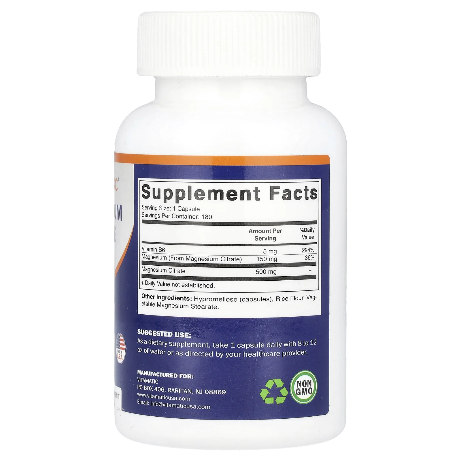 Vitamatic, Цитрат магния с витамином B6, 180 вегетарианских капсул