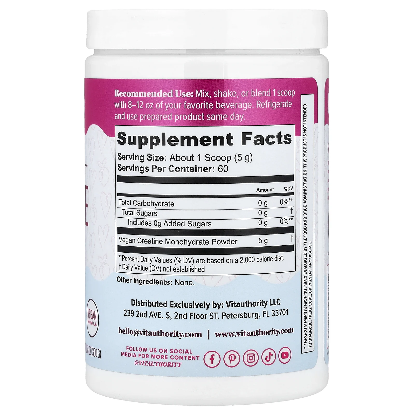 Vitauthority, Active, моногидрат креатина для женщин, без добавок, 300 г (10,58 унции)