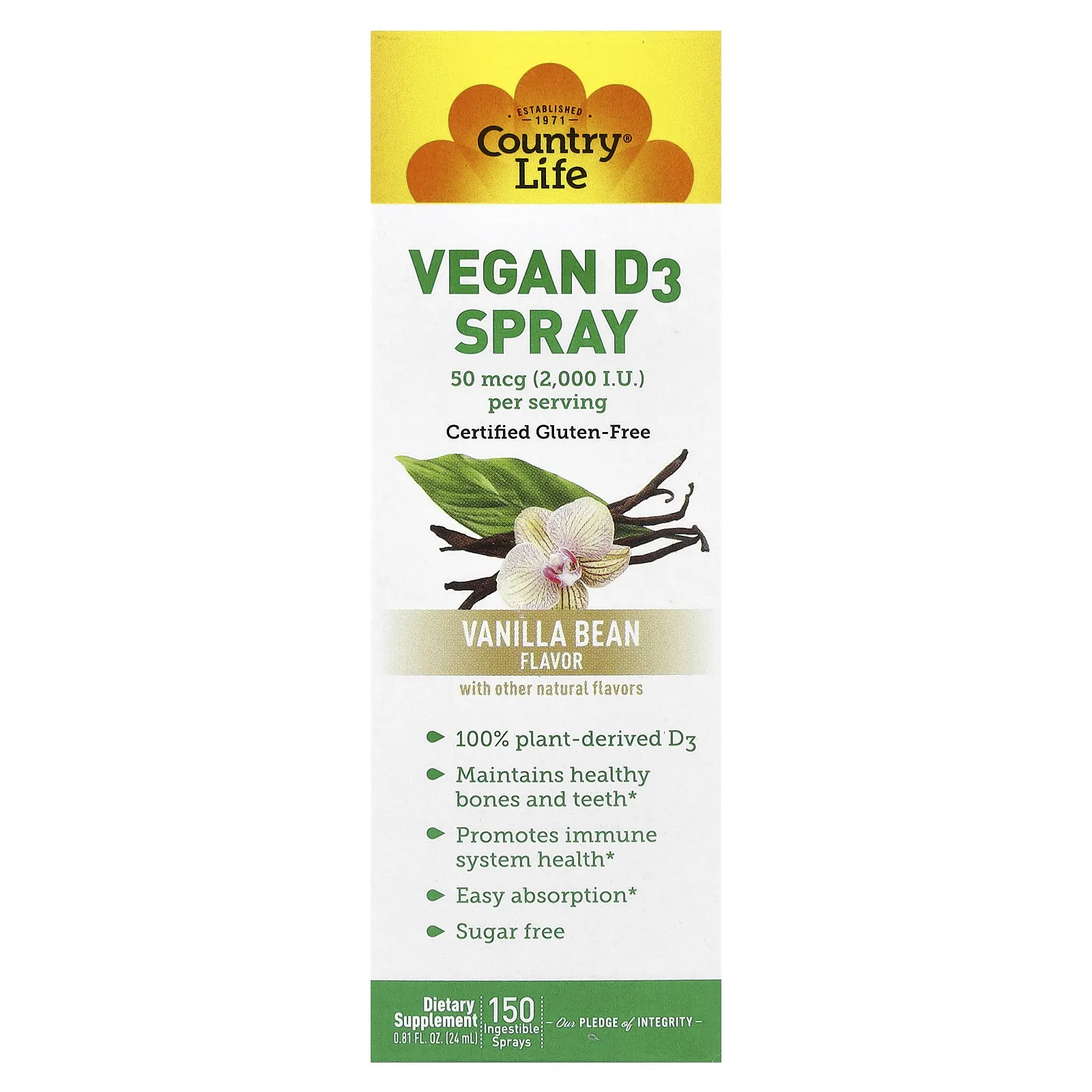 Country Life, Спрей с витамином D3, ванильные стручки, 50 мкг (2000 МЕ), 150 нажатий спрея для перорального приема, 24 мл (0,81 жидк. унции)