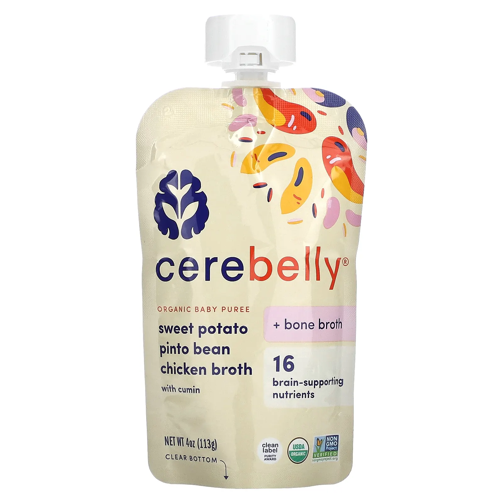Cerebelly, Organic Baby Puree, Sweet Potato, Pinto Bean, Chicken Broth with Cumin, 6 Pouches, 4 oz (113 g) Each
