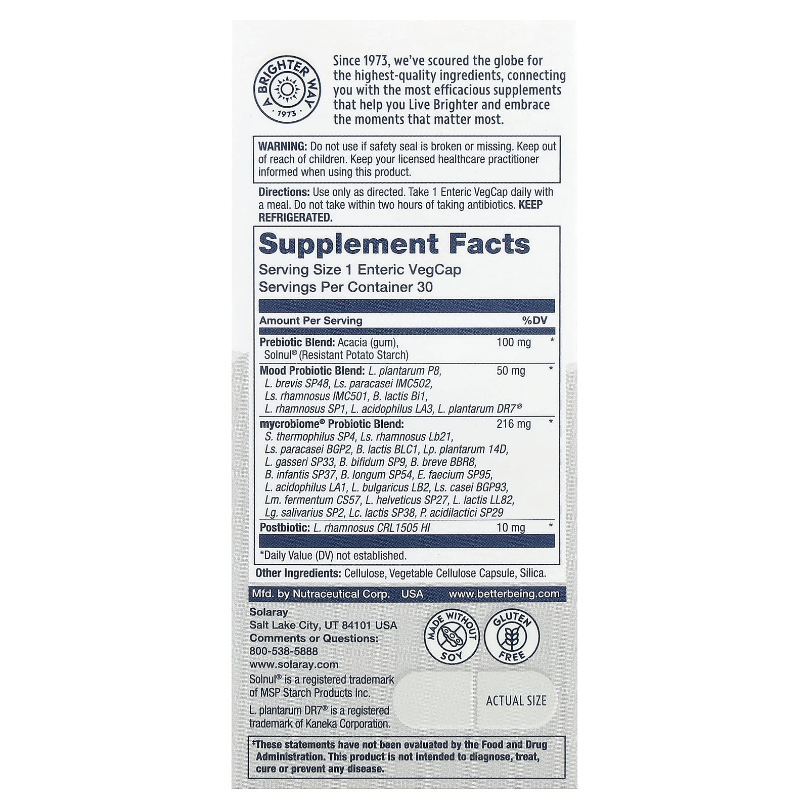 Solaray, Mycrobiome®, полноценный пробиотик, для настроения, 30 растительных капсул